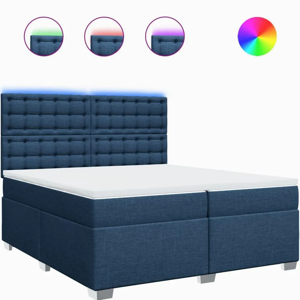 Cama con somier con colchón, azul, 200 x 200 cm, tela, cómoda cama tapizada con iluminación LED, cabecero regulable en altura y colchón de muelles ensacados para dormitorio