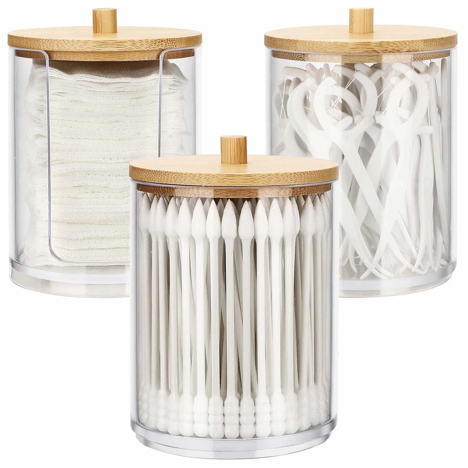 3 Pieza Dispensador de Algodón, Soportes de Hisopos de Algodón, Dispensadores Discos Desmaquillantes, Algodón con Tapas de Bambú Contenedor para bolas de algodón, Organizador de Almacenamiento de baño