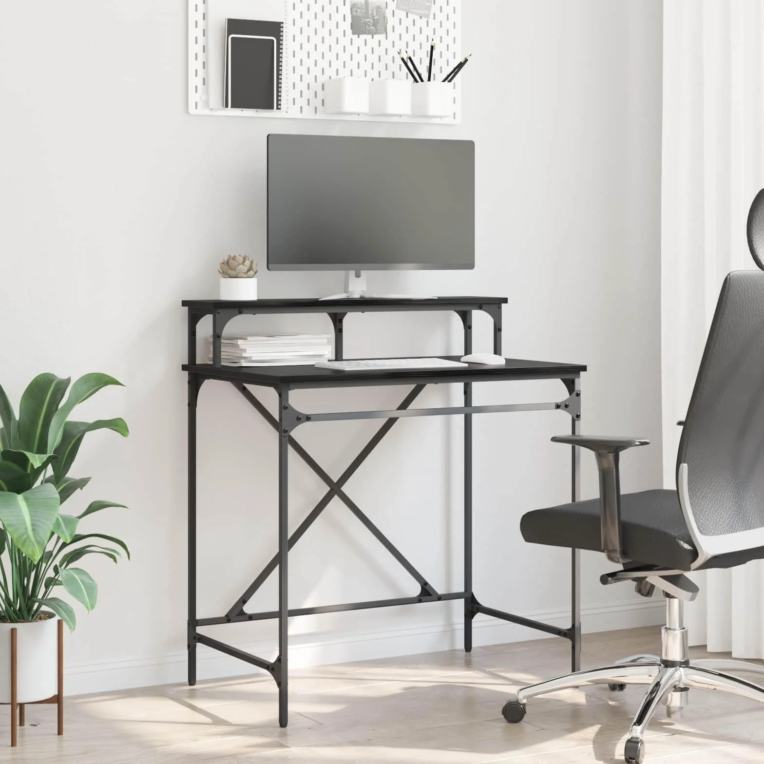 Escritorio de madera de roble negro, 80 x 50 x 90 cm, diseño industrial, con estante, resistente a las manchas, para oficina en casa, mesa de trabajo