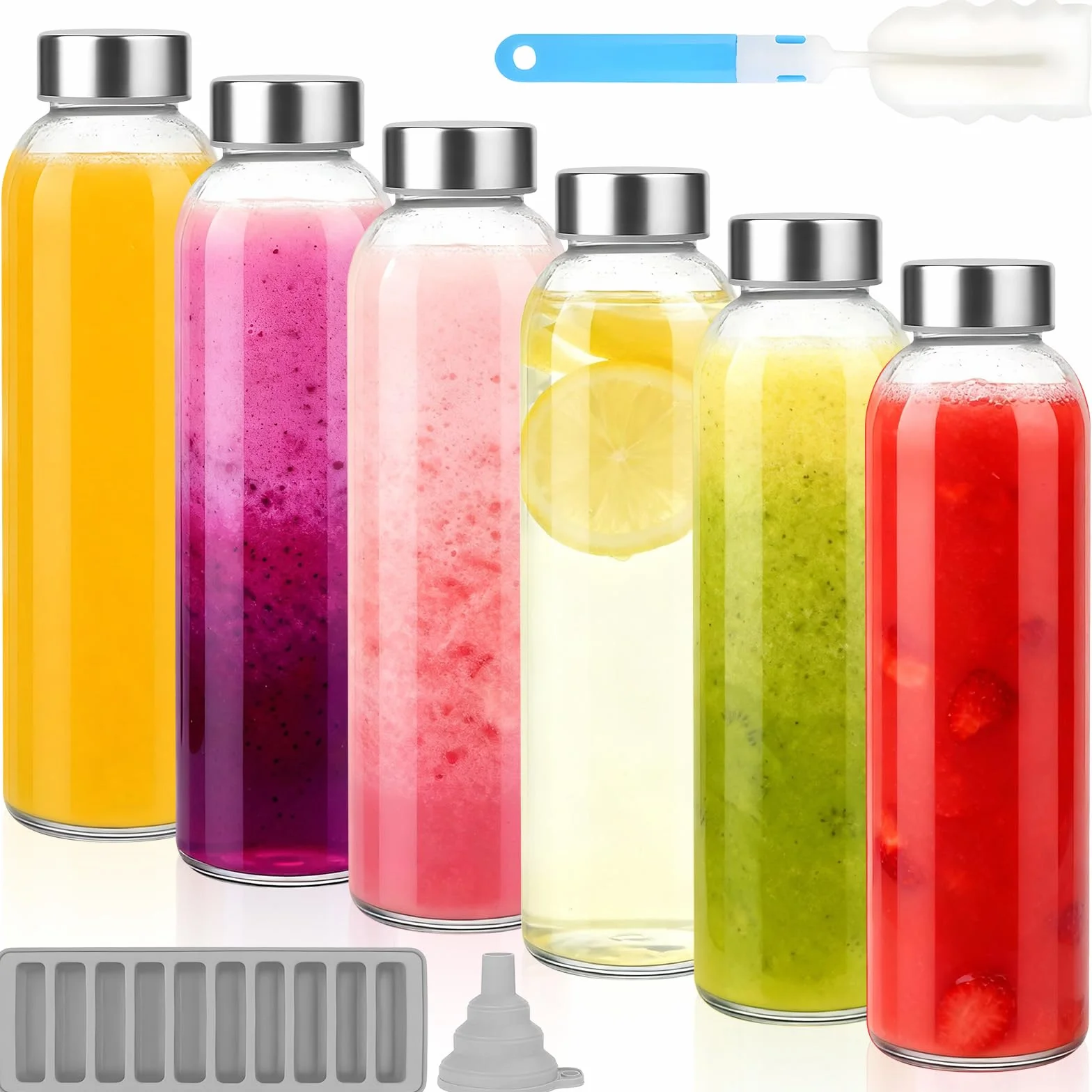 Botella de jugo de vidrio de 6 piezas, botella de agua transparente de 500 ml con tapa sellada de acero inoxidable, cepillo de limpieza, embudo y bandeja para paletas