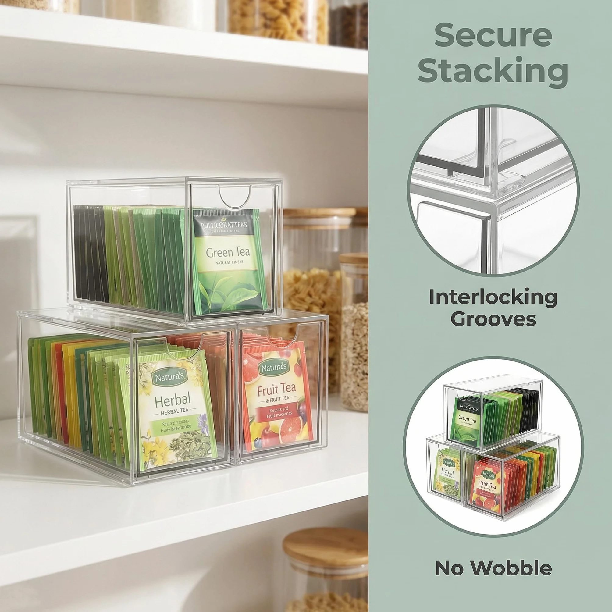 Organizadores de Bolsas de Té, Caja Té con 3 Cajones de Plástico Caja Infusiones Organizador Infusiones de Acrílico Transparente Caja de Te Infusiones para Bolsas de Té, Cápsulas de Café