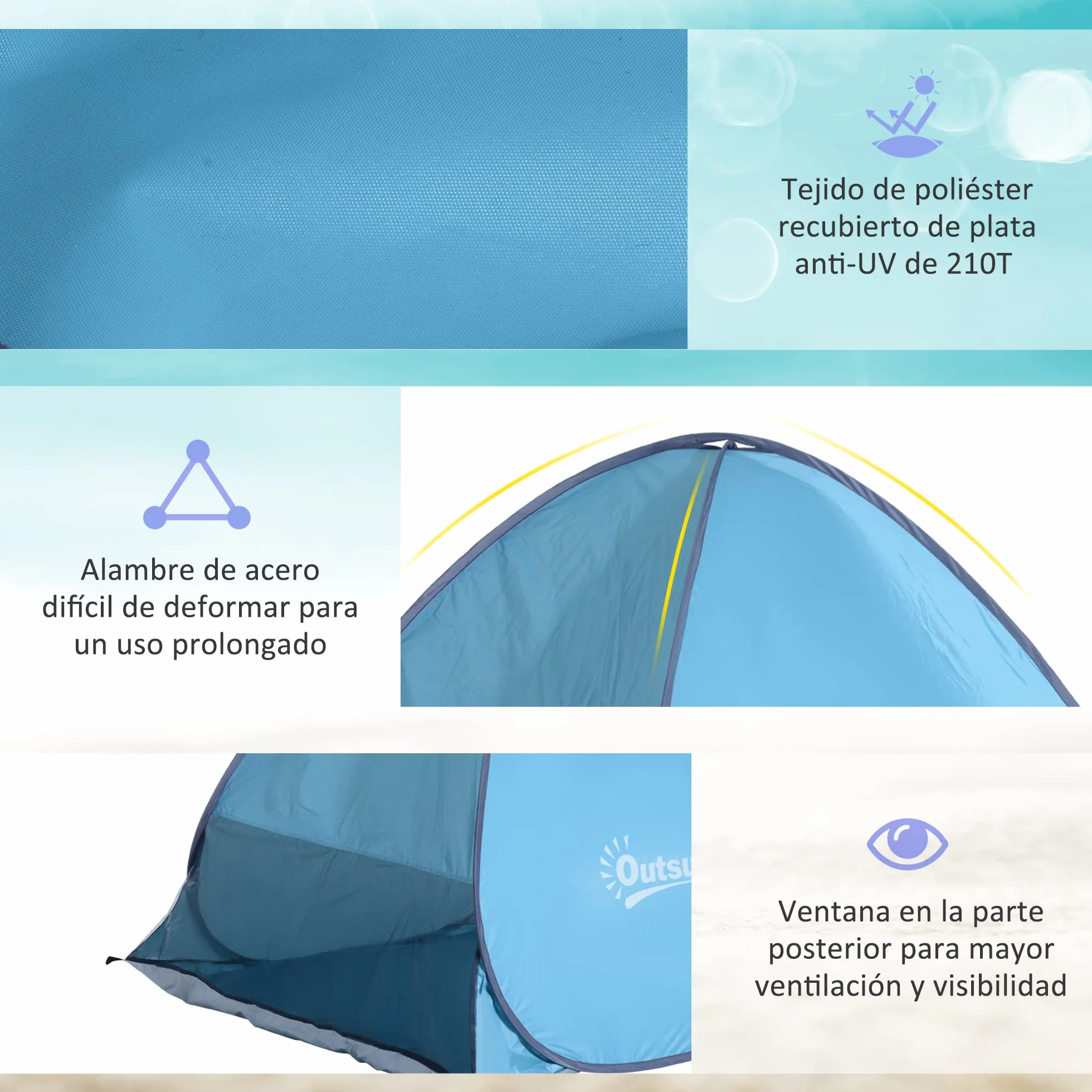 Outsunny Tienda de Playa Pop-Up para 2-3 Personas con Ventanas y Protección Solar UV Azul
