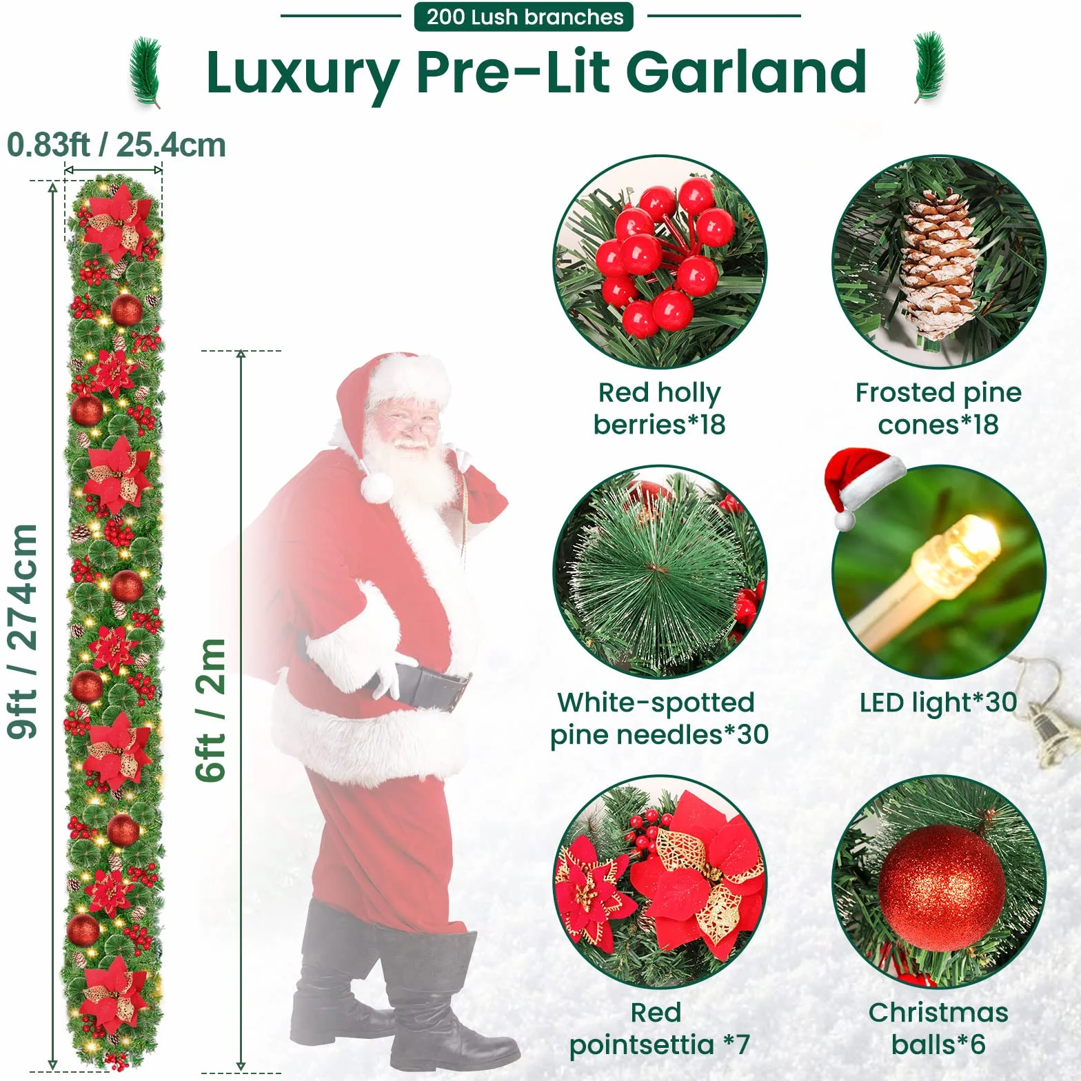 Guirnalda de Navidad 2.7M Con Luces, Árbol Artificial, Corona para Chimenea, Escalera y Decoraciones