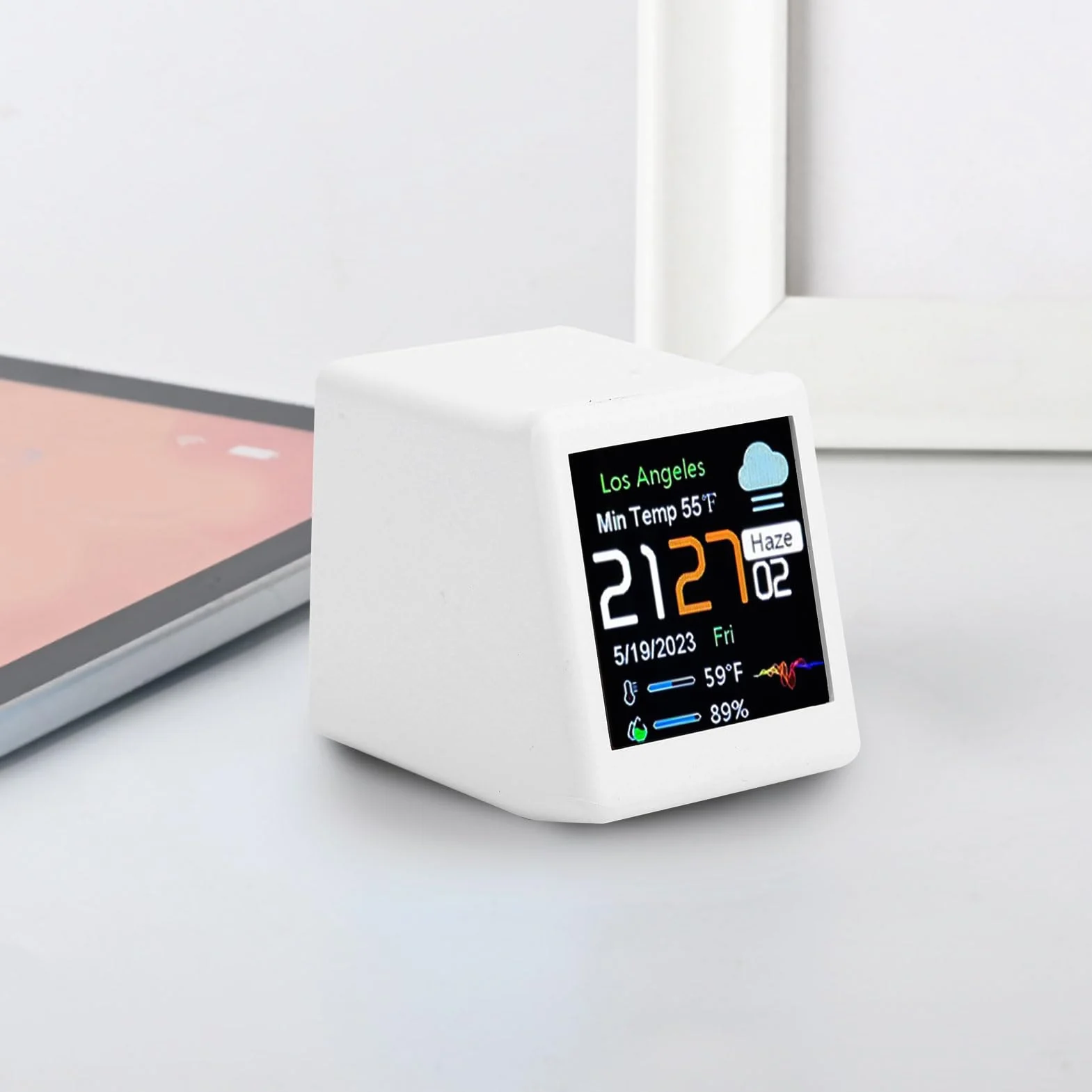 Ejoyous Reloj Electrónico Inteligente, Pantalla Digital LCD, con Pronóstico del Tiempo, Temperatura, Calendario, Conexión WiFi, Personalización de Animación, para Escritorio, Hogar (White)