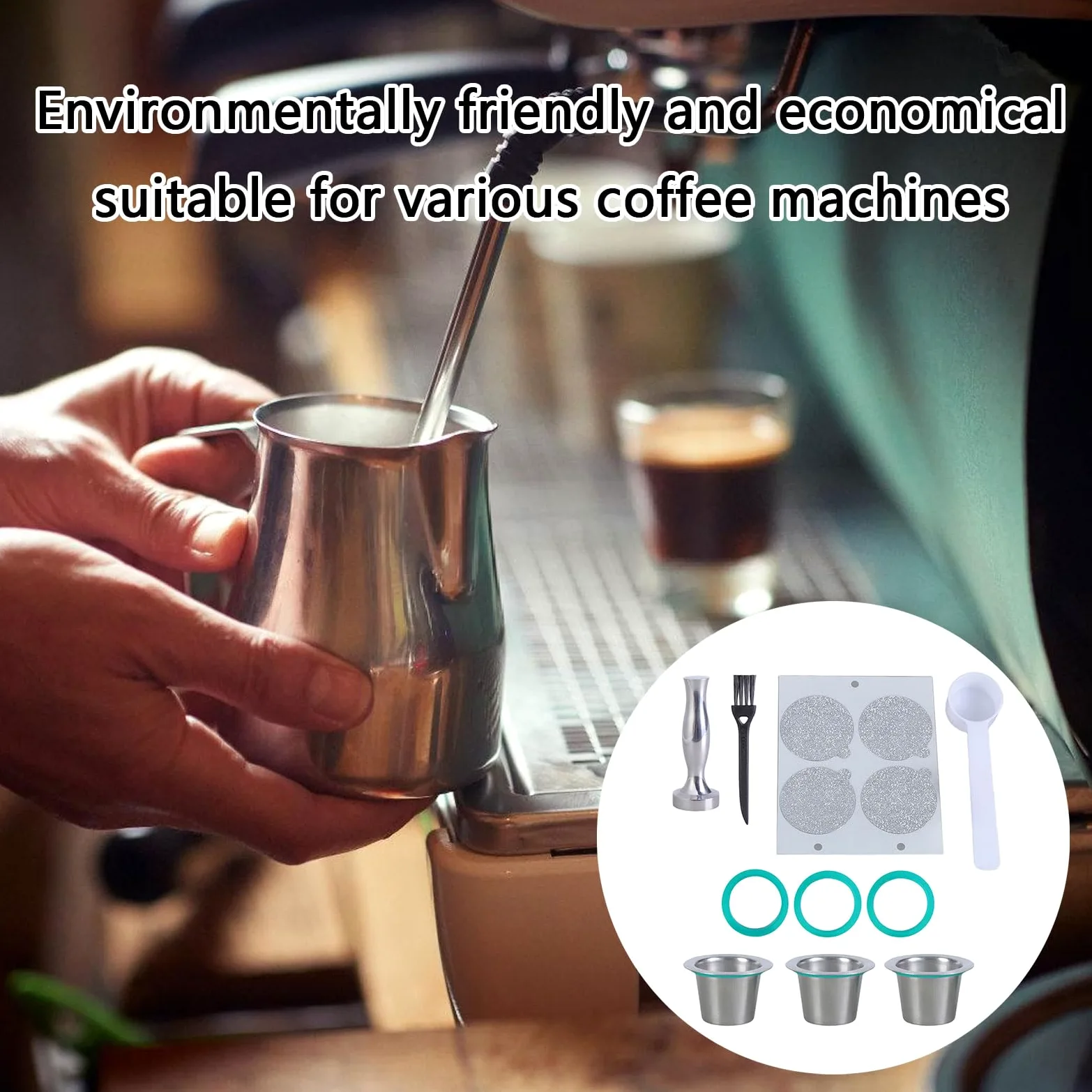 Filtro de cápsulas de café recargables de acero inoxidable con tampón y cuchara, filtro de cápsulas de metal con tampador y cuchara