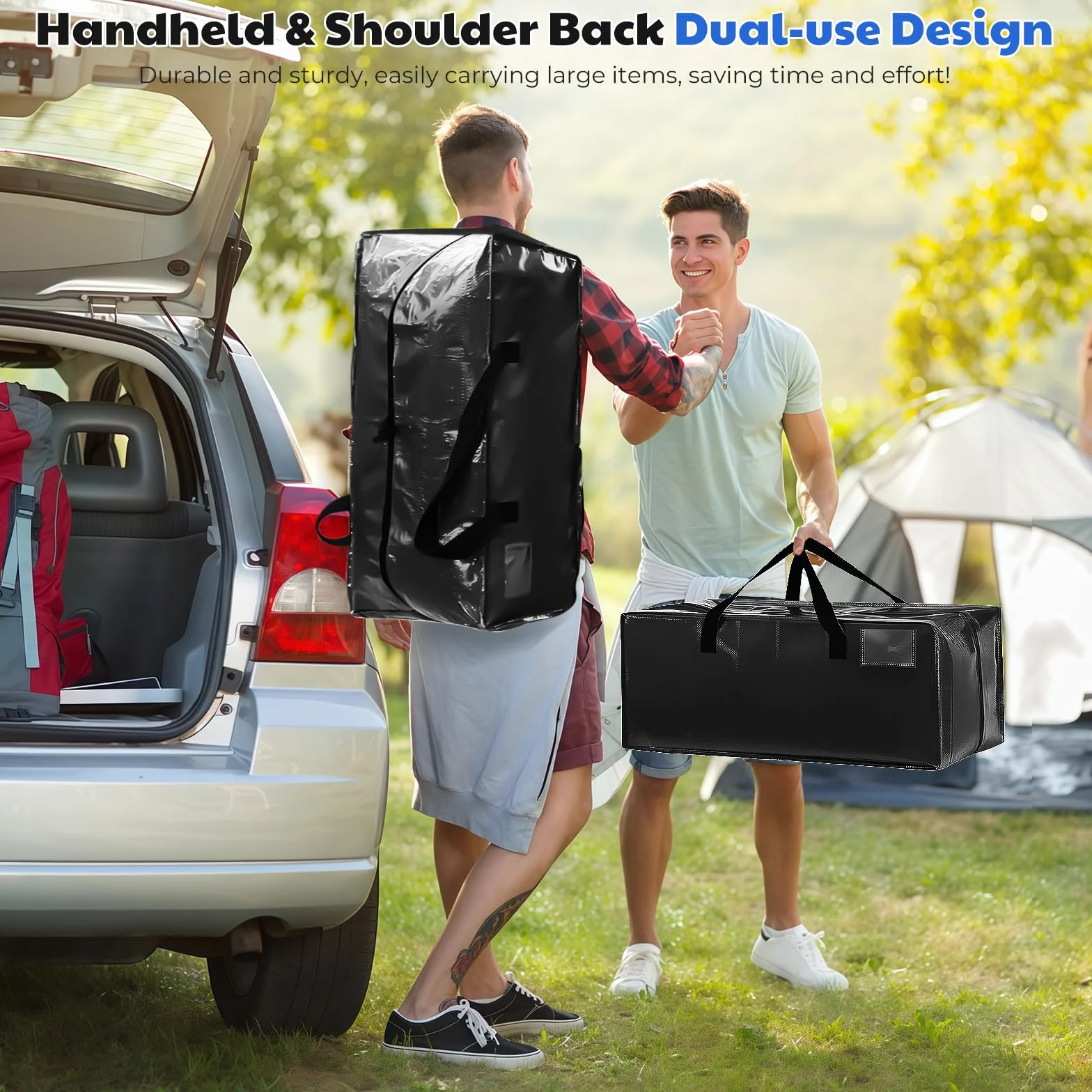 Bolsa Mudanza Grande 90L, Impermeable Bolsas de Mudanza con Correas de Mochila, Cremallera y Asas Resistentes, Bolsas de Almacenamiento Ahorrar Espacio para Guardar Ropa y Embala (Negro, 4pcs)