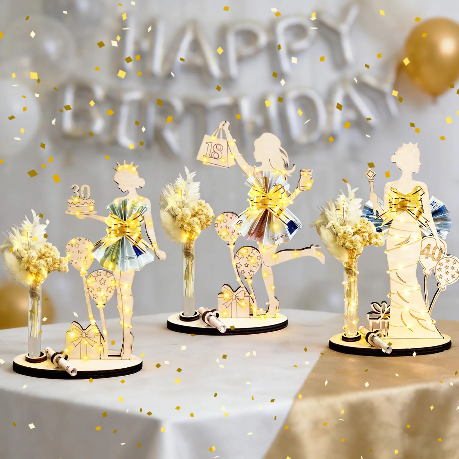 Owlfun Regalo de Dinero para 18 Cumpleaños para Niñas, Decoración LED, Cartel de Madera, Libro de Visitas Personalizado, Regalos para 18 Cumpleaños (Color: 18)