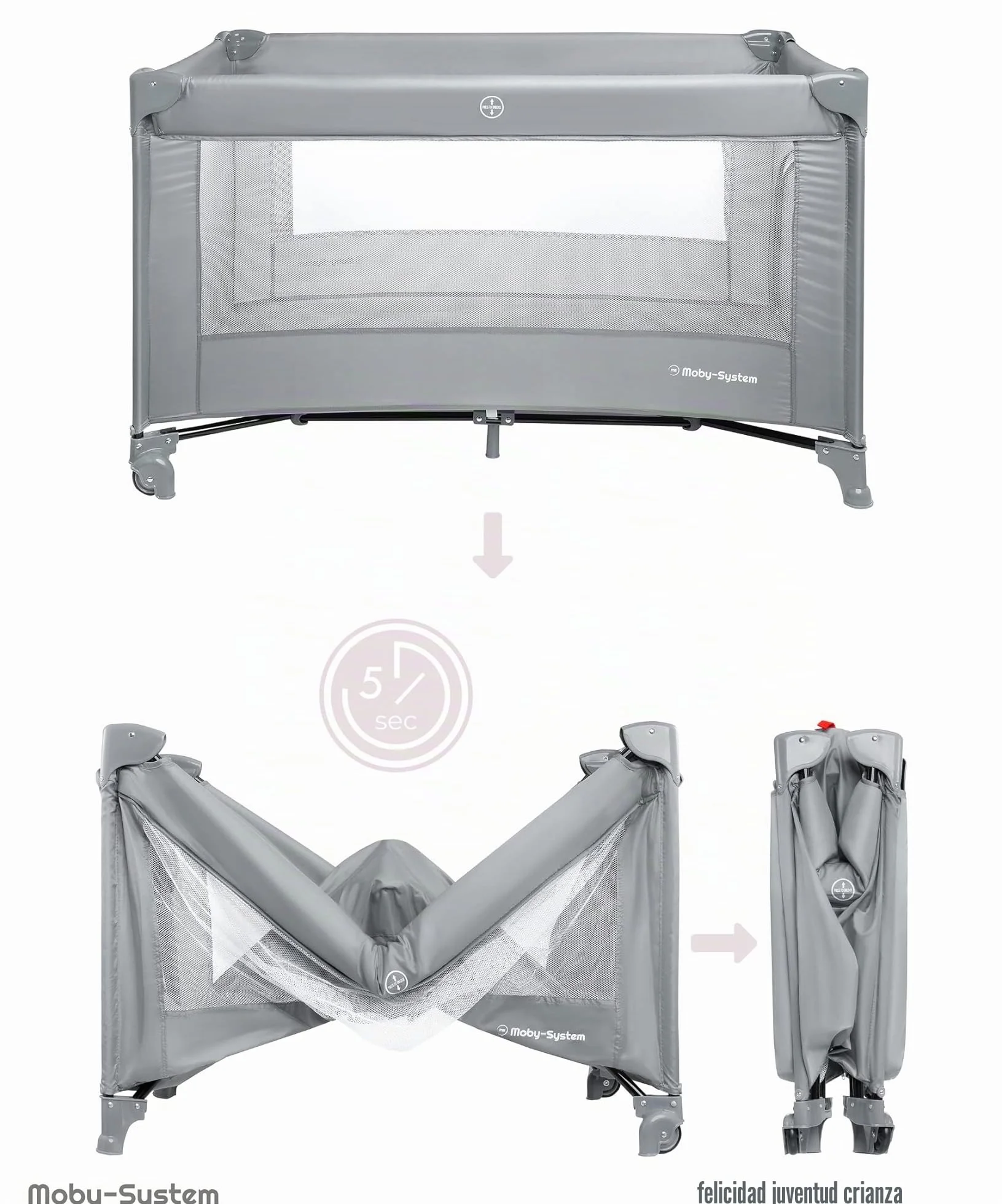 Moby-System Cuna de Viaje para Bebé – Parque Cuna 2 en 1 con Colchón Plegable, 2 Alturas, Ruedas con Freno y Bolsa – Cuna Plegable con Entrada Lateral y Cambiador