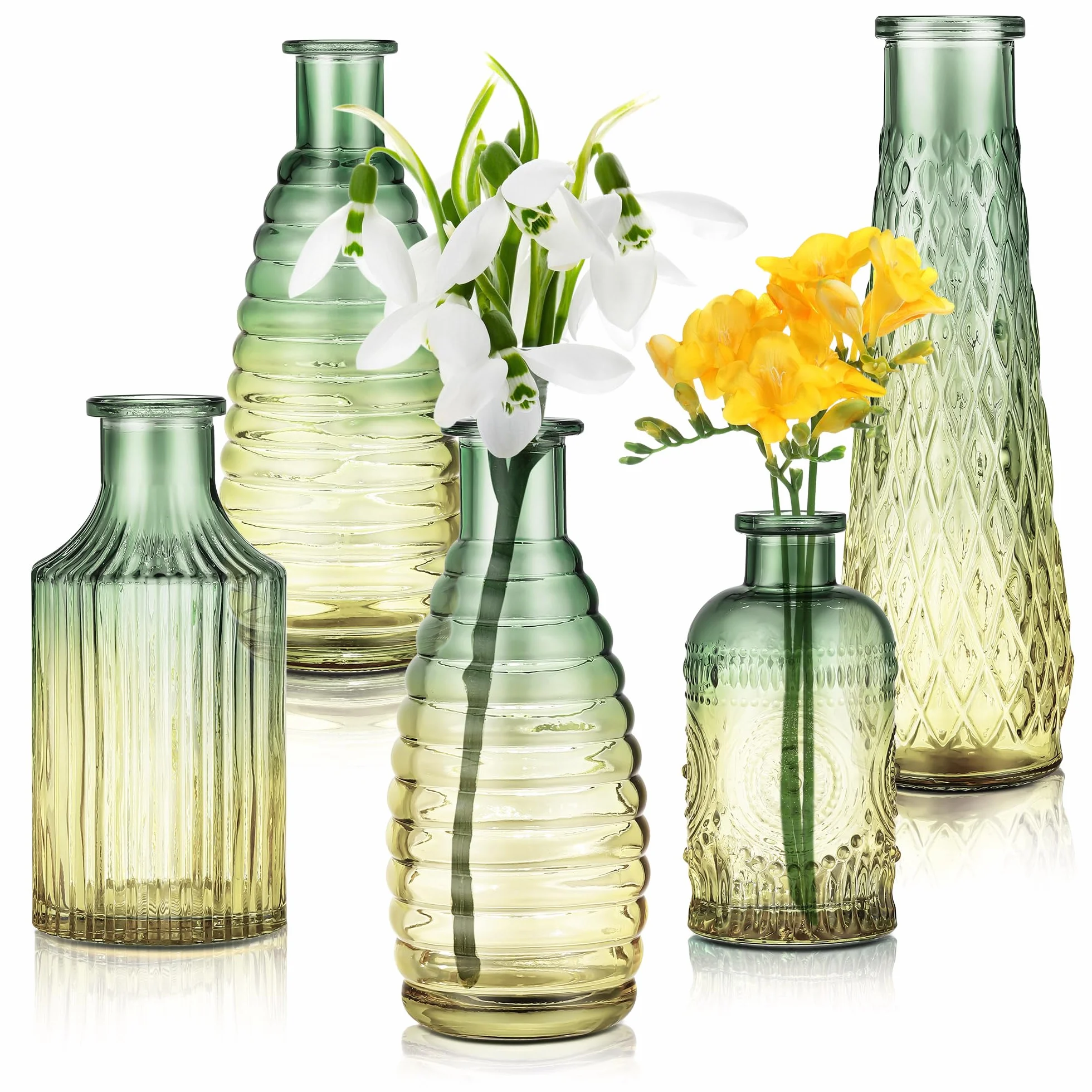 Joeyan Jarrones Pequeños Decorativas Juego de 5, Florero de Vidrio en Relieve con Degradado,Botellas Decorativas pequeñas,Centro de Mesa, Decoración para el hogar, Boda, Fiesta, Evento,Oficina