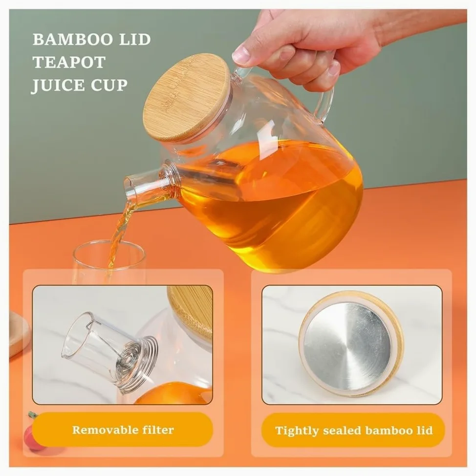 Jarra de agua Jarra de vidrio con tapa de bambú, 1800 ml, resistente al calor, con asa, ideal for bebidas frías y calientes Olla de vidrio