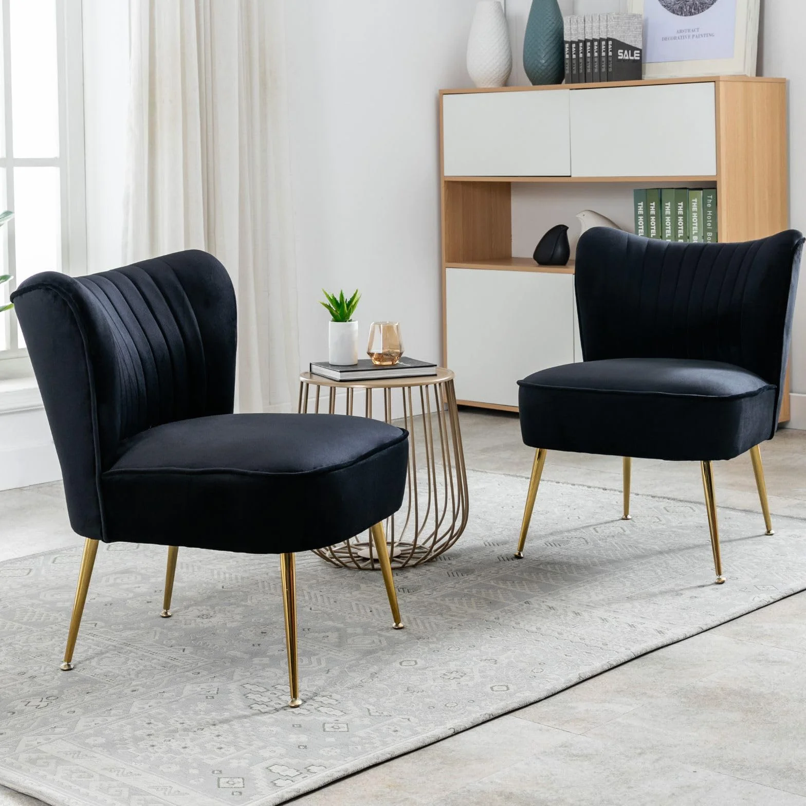 chairus Juego de 2 Sillón Tapizado en Terciopelo Sillón de Salón Moderno con Patas Doradas, Butaca de Salón Elegante sin Brazos para Dormitorio/Tocador, Negro