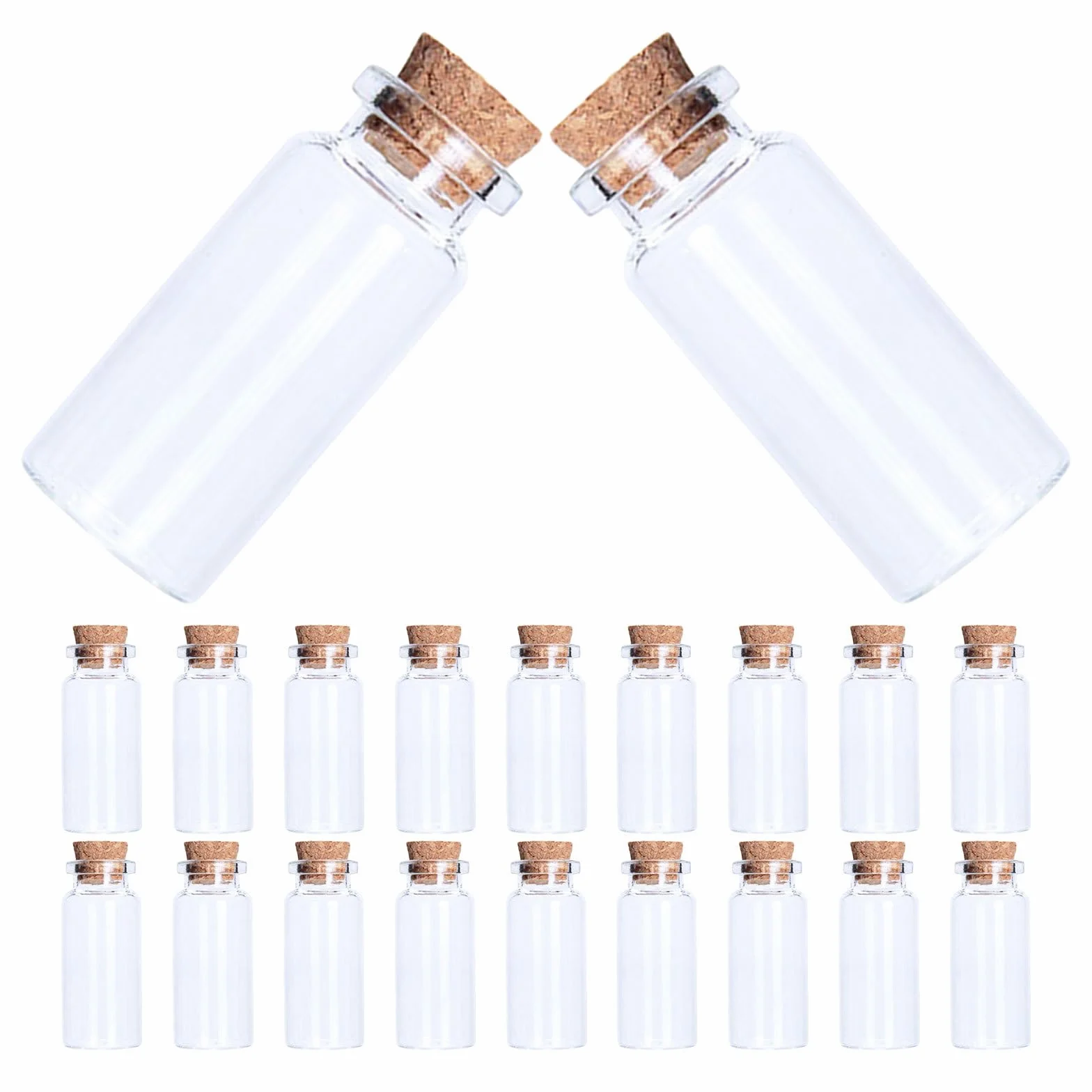 50 mini botellas de vidrio con tapa de corcho - 25 ml/0,8 oz. Pequeños recipientes para manualidades de bodas y fiestas - Botella transparente para mensajes y deseos.
