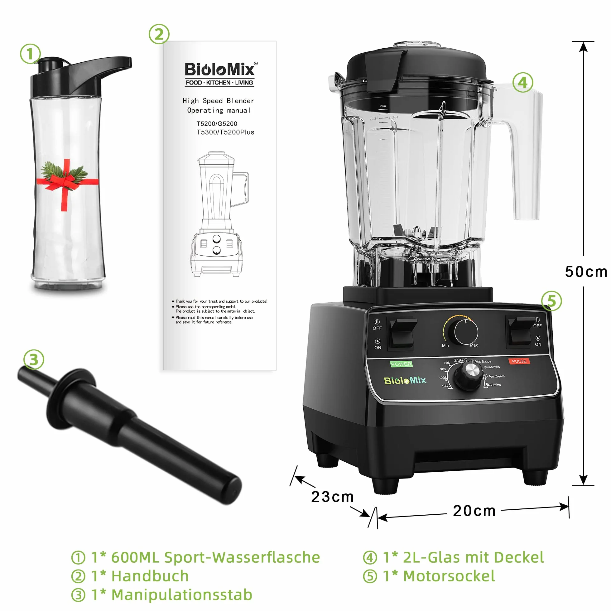 BioloMix Batidora de alto rendimiento de 2200W, | Función de autolimpieza, recipiente de 2 L y vaso de viaje de 600 ml, sin BPA