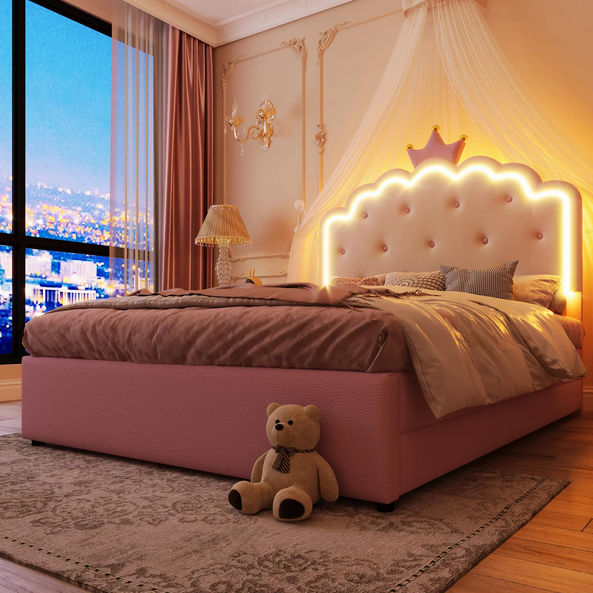 Soweiz Cama tapizada, 140 x 200 cm, cama nido con 2 cajones, con somier (sin colchón), iluminación ambiental con mando a distancia, diseño de princesa heredera, material PU, color rosa