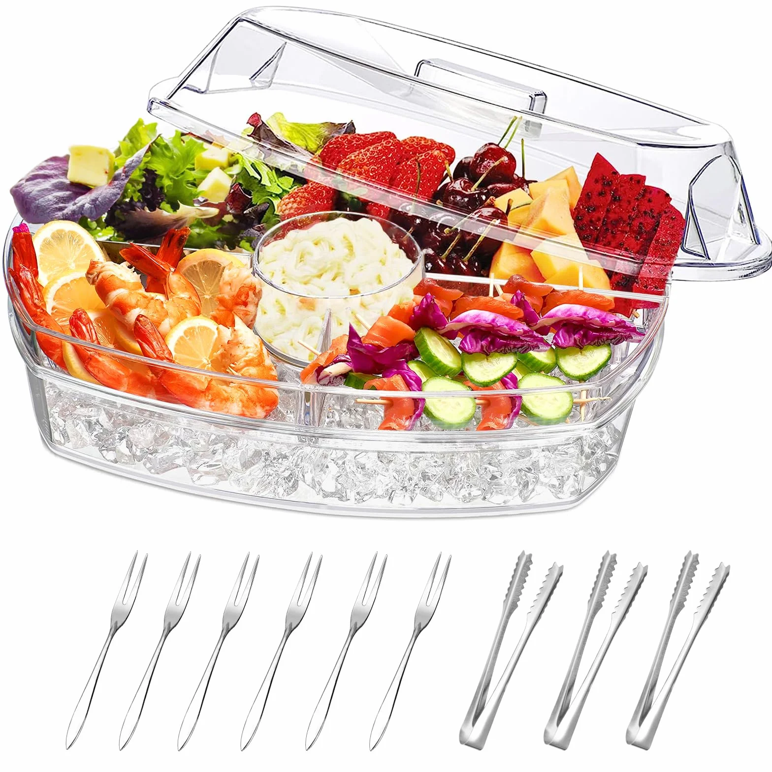 Platos y bandejas para servir refrigerados para entretenimiento, bandeja de verduras frías con tapa, platos y bandejas para servir hielo en frío, bandeja para aperitivos de frutas que mantiene la