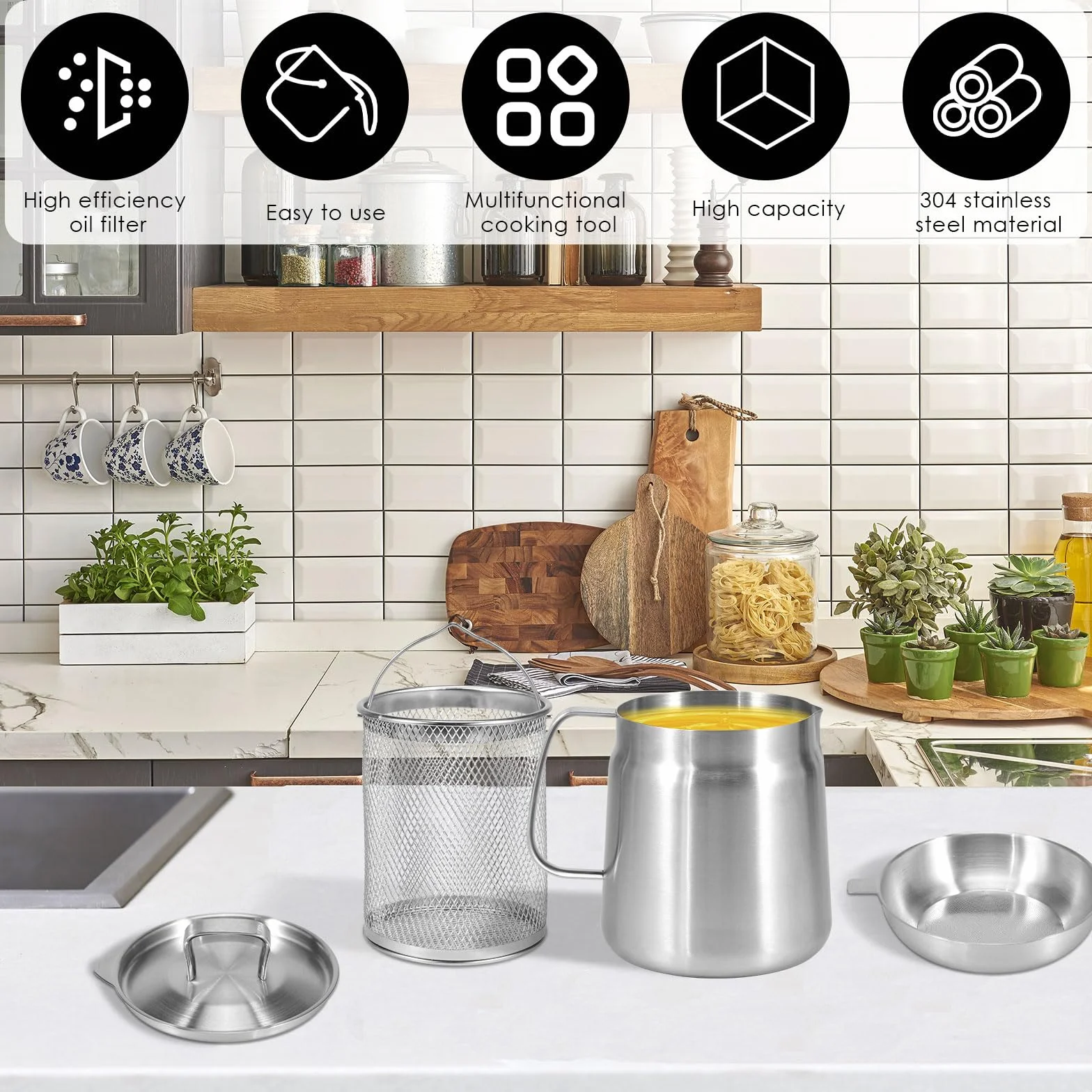 UKQRRTC Olla de almacenamiento de aceite con tapa de filtro y cesta para freír, 1,5 L/2 L, gran capacidad, colador de grasa y recipiente para cocina o freír aceite (2 L)