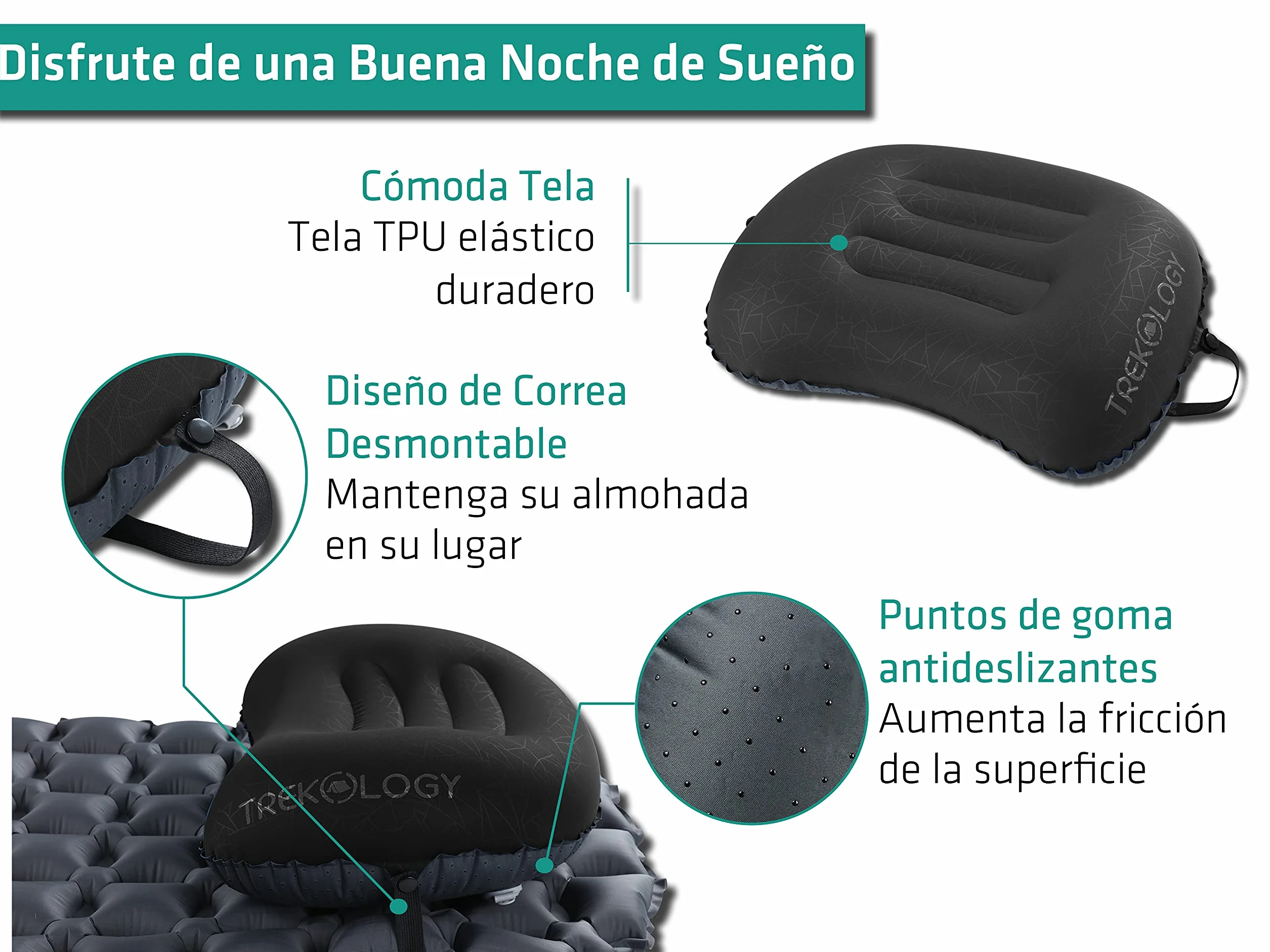 Trekology Almohada Inflable Ultraligera para Viaje Acampar Compacta Ergonómica Soporte Cuello