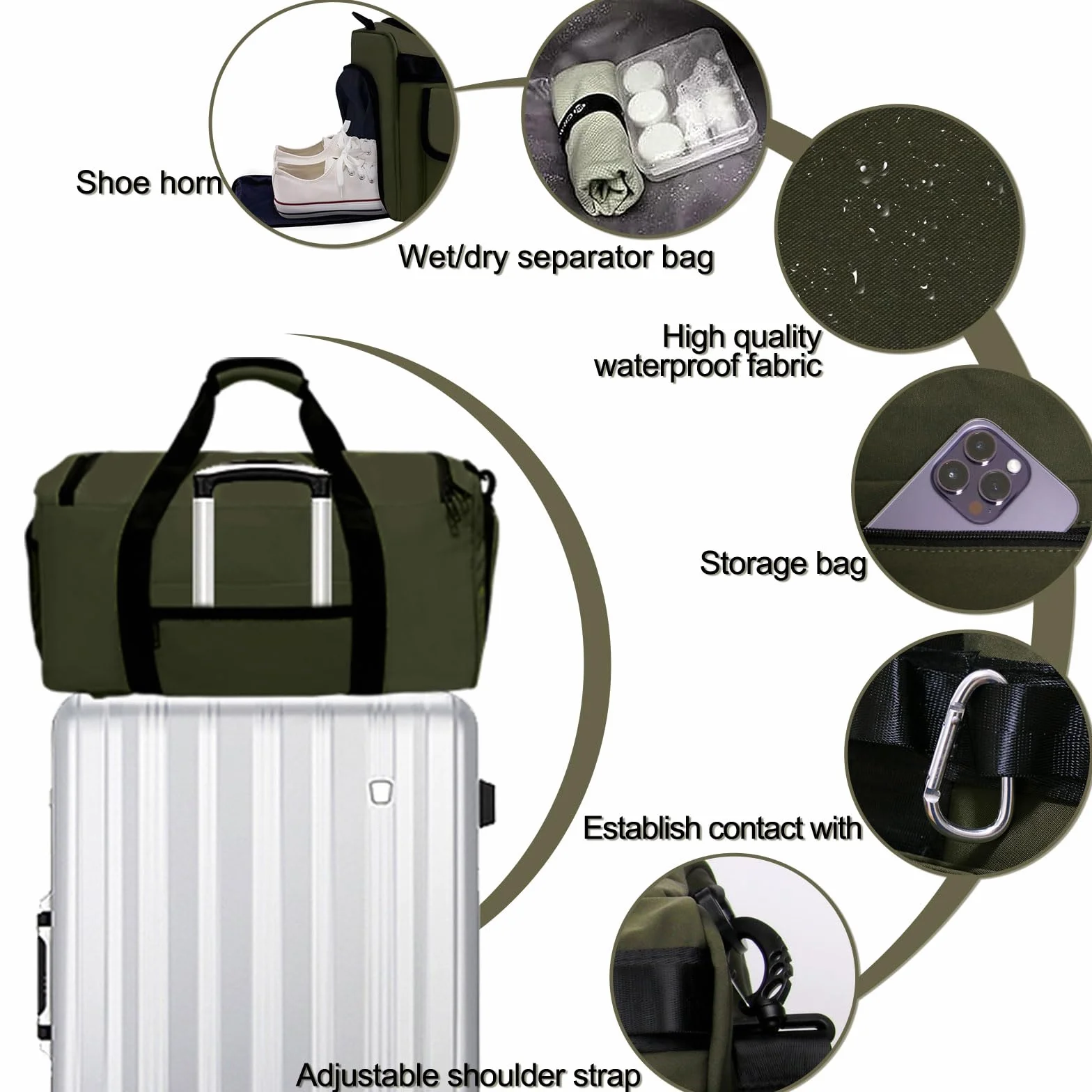 Sporttasche Damen mit Schuhfach & Nassfach 65L Gym Bag Reisetasche Caqui