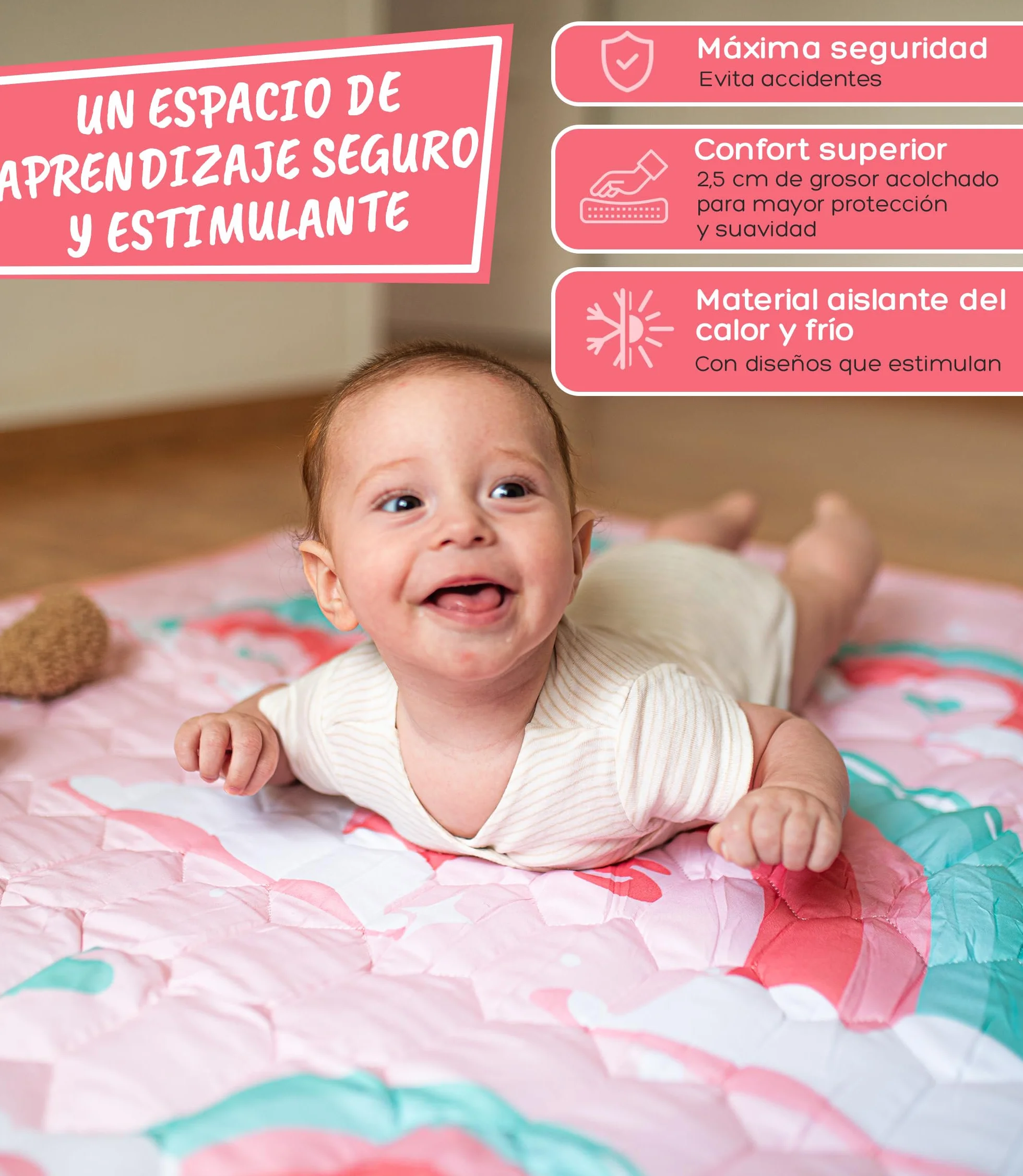 Alfombra Bebe Acolchada 120x120 cm Plegable Antideslizante y Lavable Juegos y Gateo para Suelo Tapete Suave Actividades Montessori Estimulacion Sensorial Infantil Valbabycare
