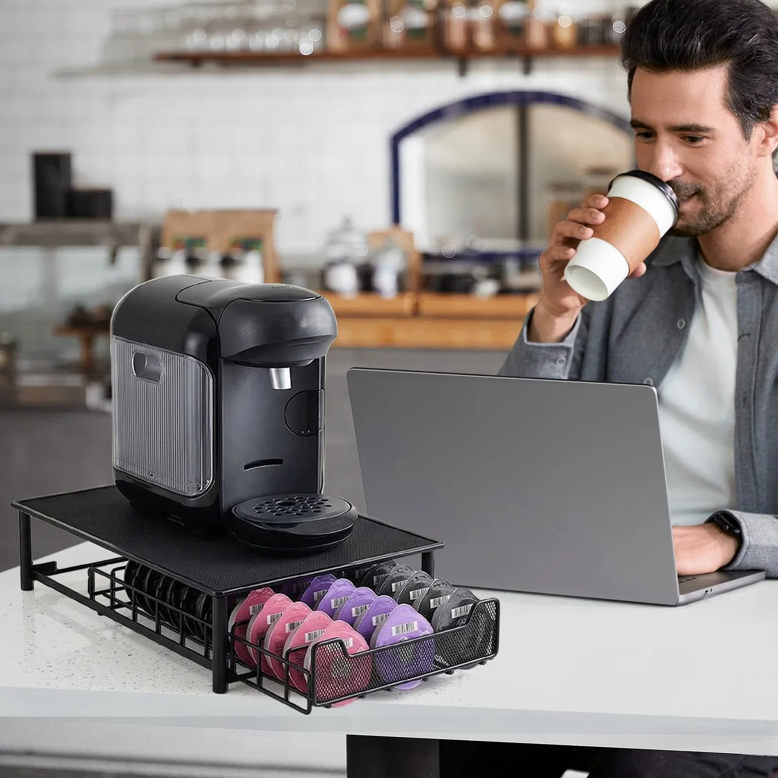 Cajón Almacenaje Cápsulas Café Estructura Metálica de Acceso Rápido con | Cajón Deslizante Organizador de Cápsulas Para Encimera, Tostadora, Monitor, Impresora, Cocina y Comedor