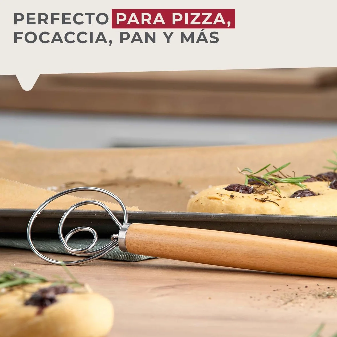 Fackelmann Batidor de masa para pasta, focaccia y masa, batidor para masas aireadas, batidor danés con mango ergonómico de madera de haya, color plata/marrón