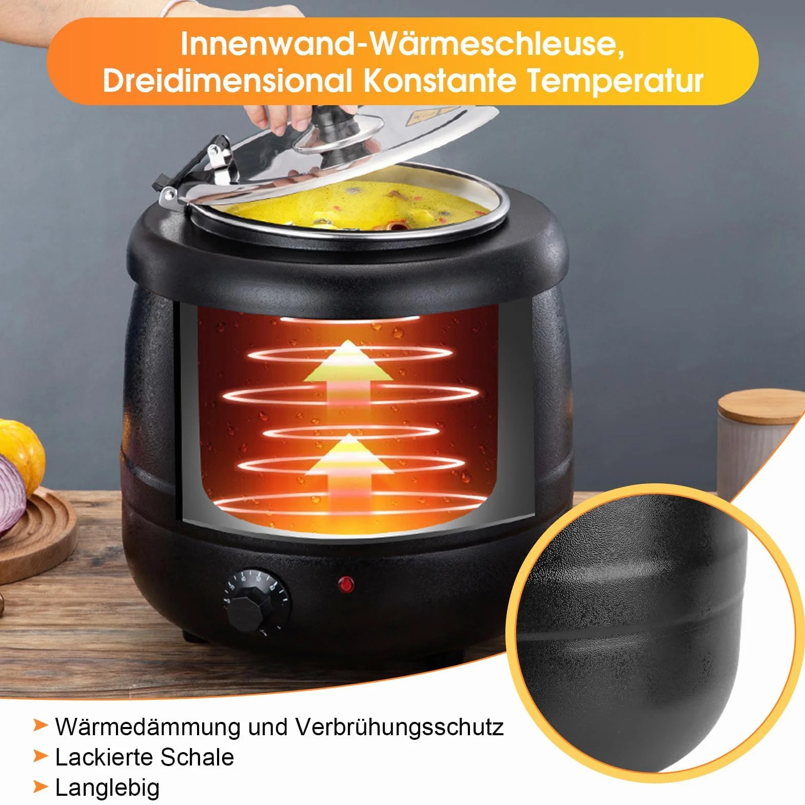 Olla Eléctrica Comercial de Acero Inoxidable, 10 Litros, Calentador para Sopa, Queso y Vino Caliente con Recipiente Extraíble, Control de Temperatura 30-85°C
