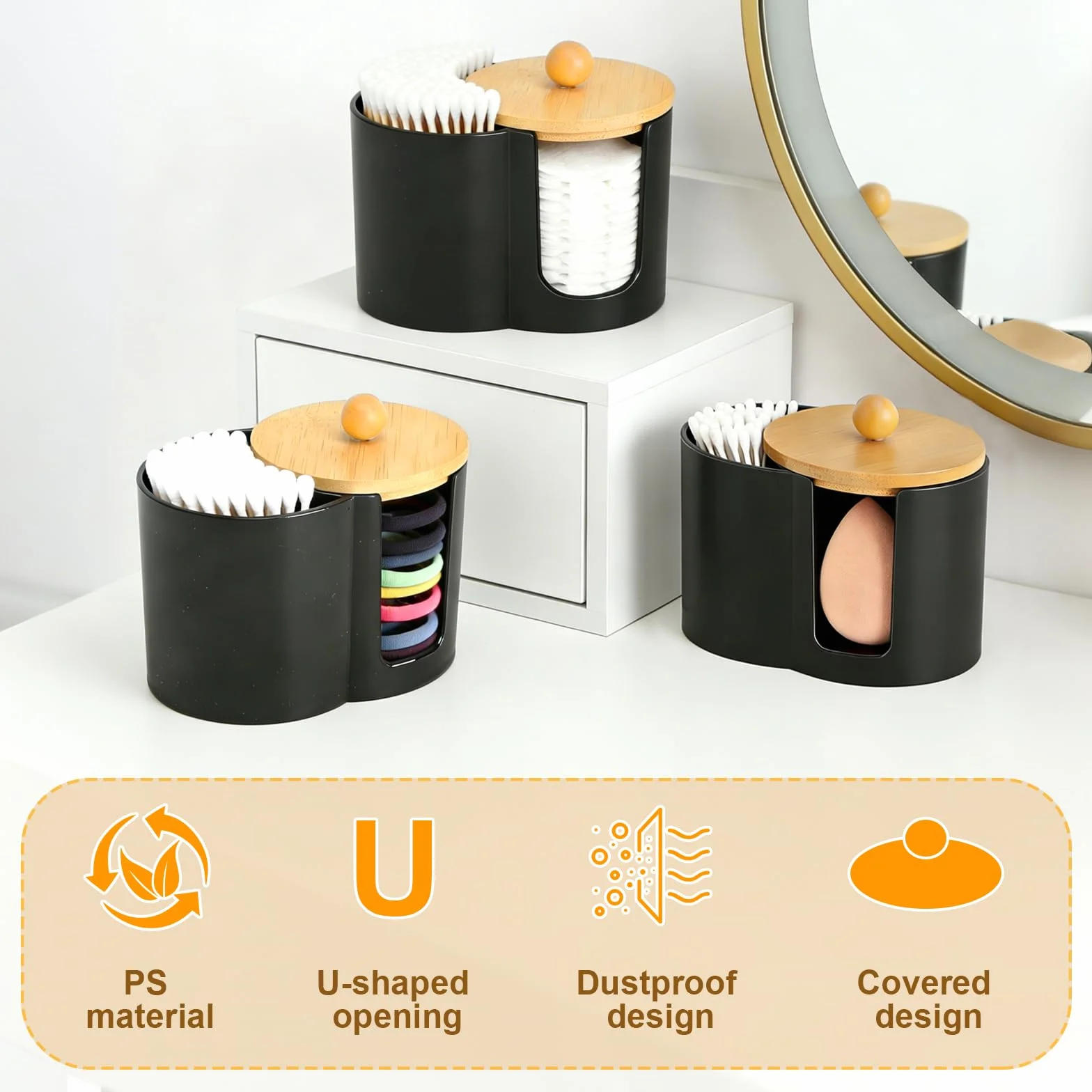 Bastoncillos de algodón negro con tapa de bambú, dispensador de almohadillas de algodón y dispensador de bastoncillos de algodón, almacenamiento con y apertura en forma de U, adecuado para