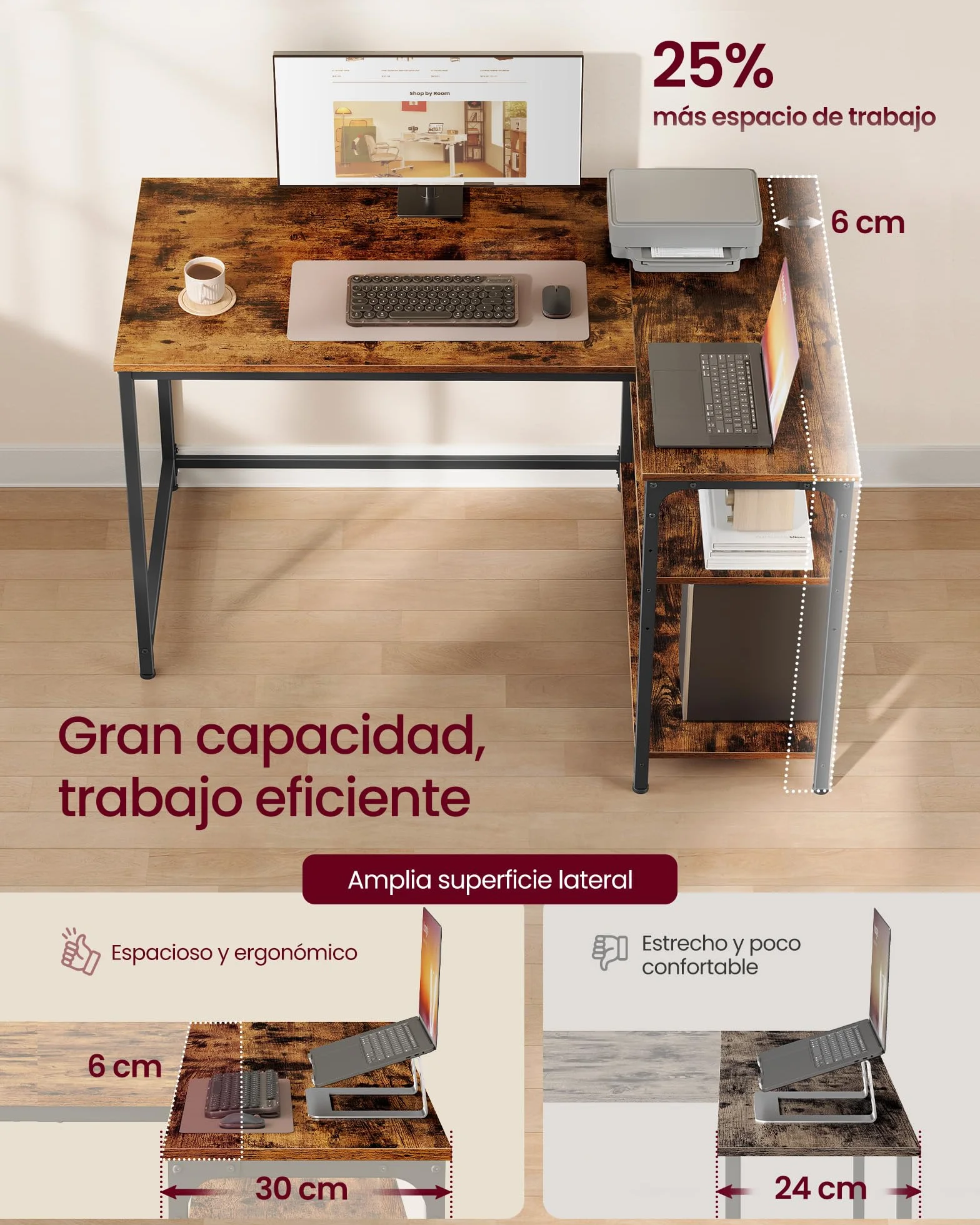 VASAGLE Escritorio en L, Escritorio Gaming para Ordenador con Estantería, Baldas de Altura Regulable, Estación de Trabajo para Estudio y Oficina, 110 x 80 cm, Marrón Rústico LWD135KD01