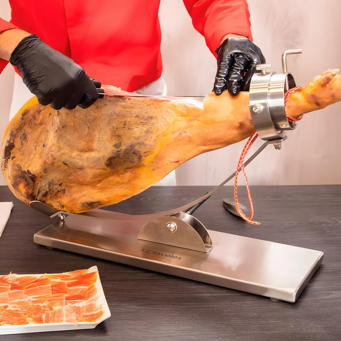 PracticDomus 3 Claveles Cuchillo Jamonero Estrecho, Alveolado, Acero Inoxidable, Mango Pom Negro, 29 cm