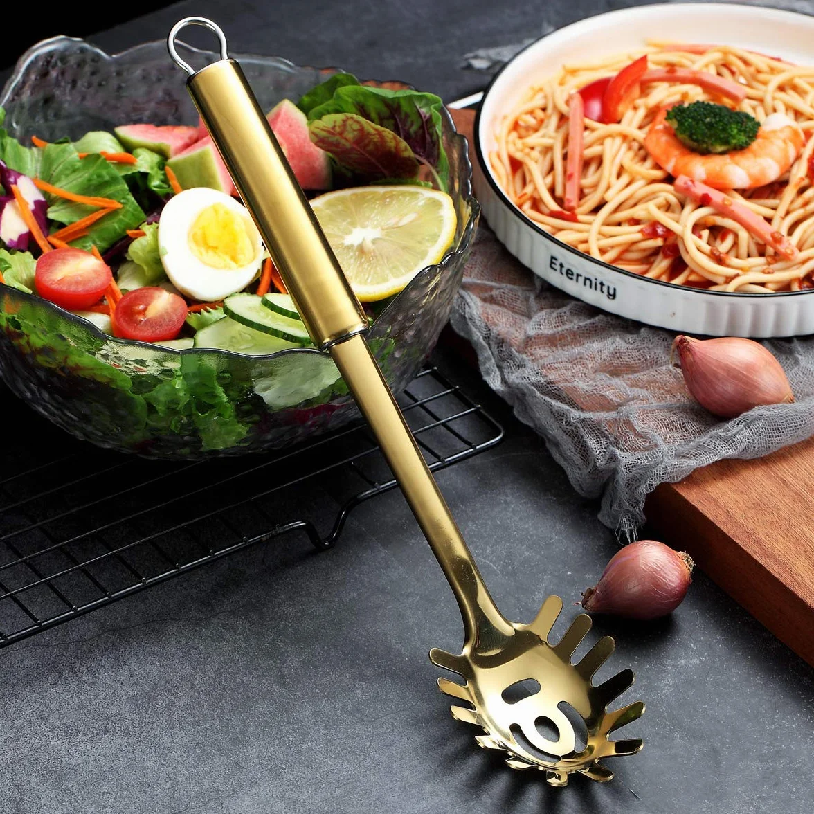 Berglander Tenedor para pasta, Servidor de pasta dorado de acero inoxidable, Cuchara para espagueti, Servidor para espagueti dorado con revestimiento de titanio, Tenedor Noddle (Dorado)