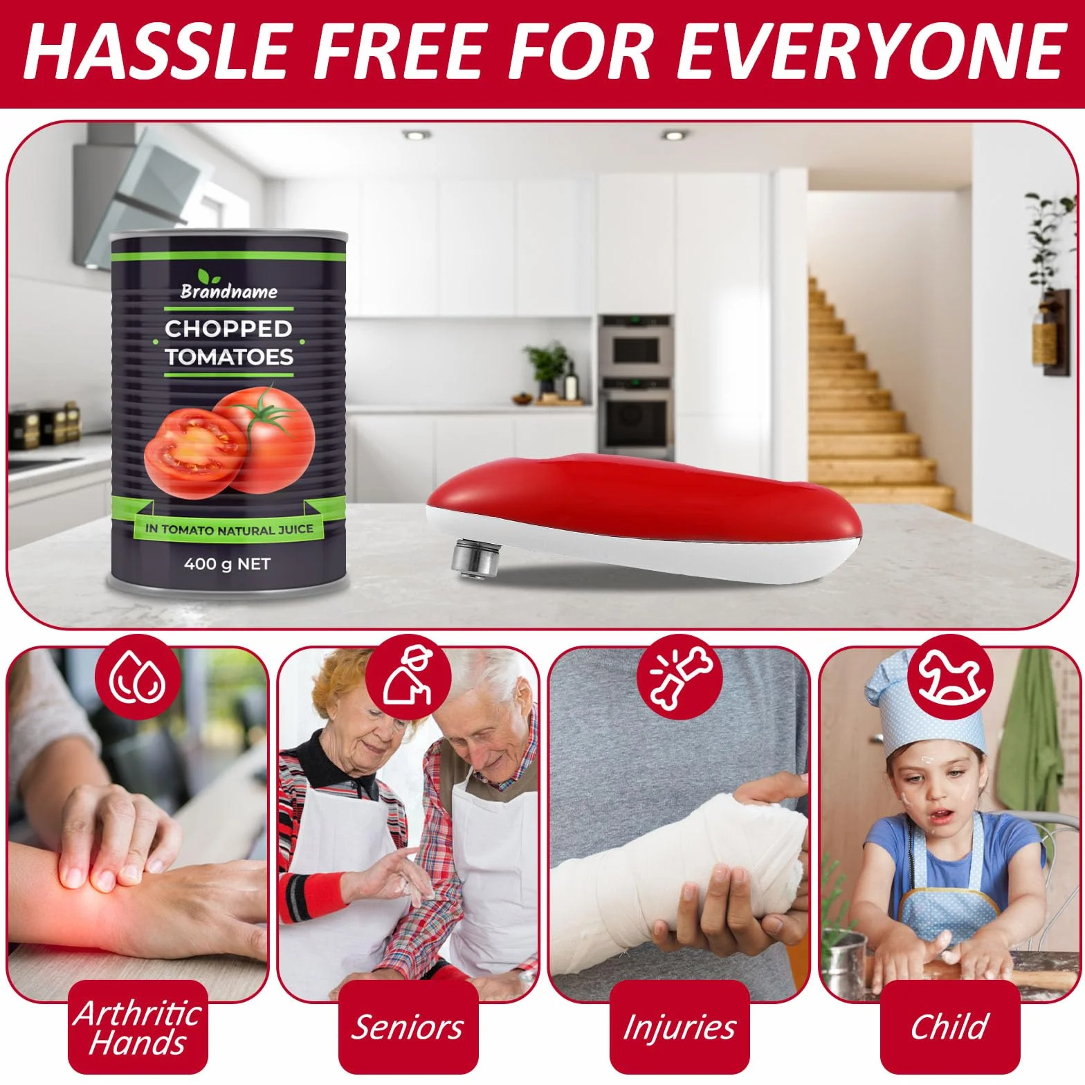 Abrelatas eléctrico, borde liso, abrelatas One Touch, portátil, inalámbrico, sin bordes afilados, para chefs, niños y personas mayores con artritis (rojo)