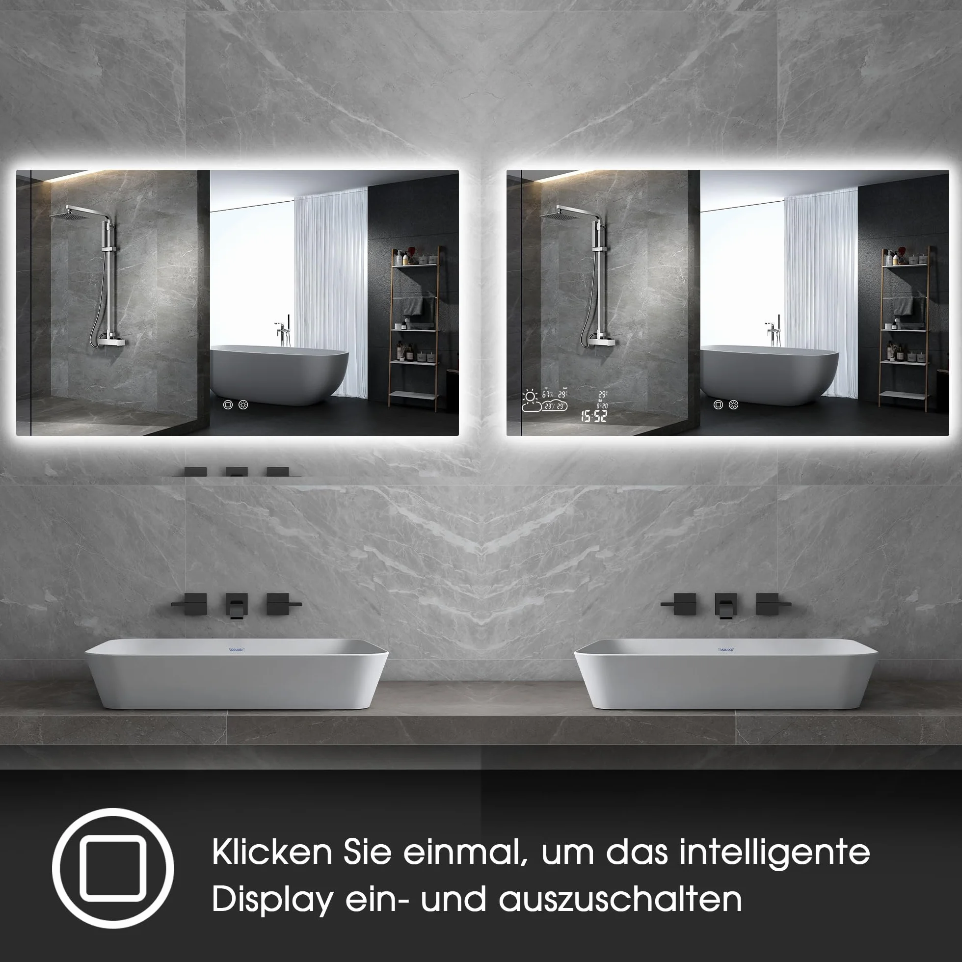 byecold Espejo de baño con iluminación LED 100x60 cm, Calefacción con estación meteorológica, WiFi, Espejo de baño, Calefacción con Interruptor táctil, Horizontal