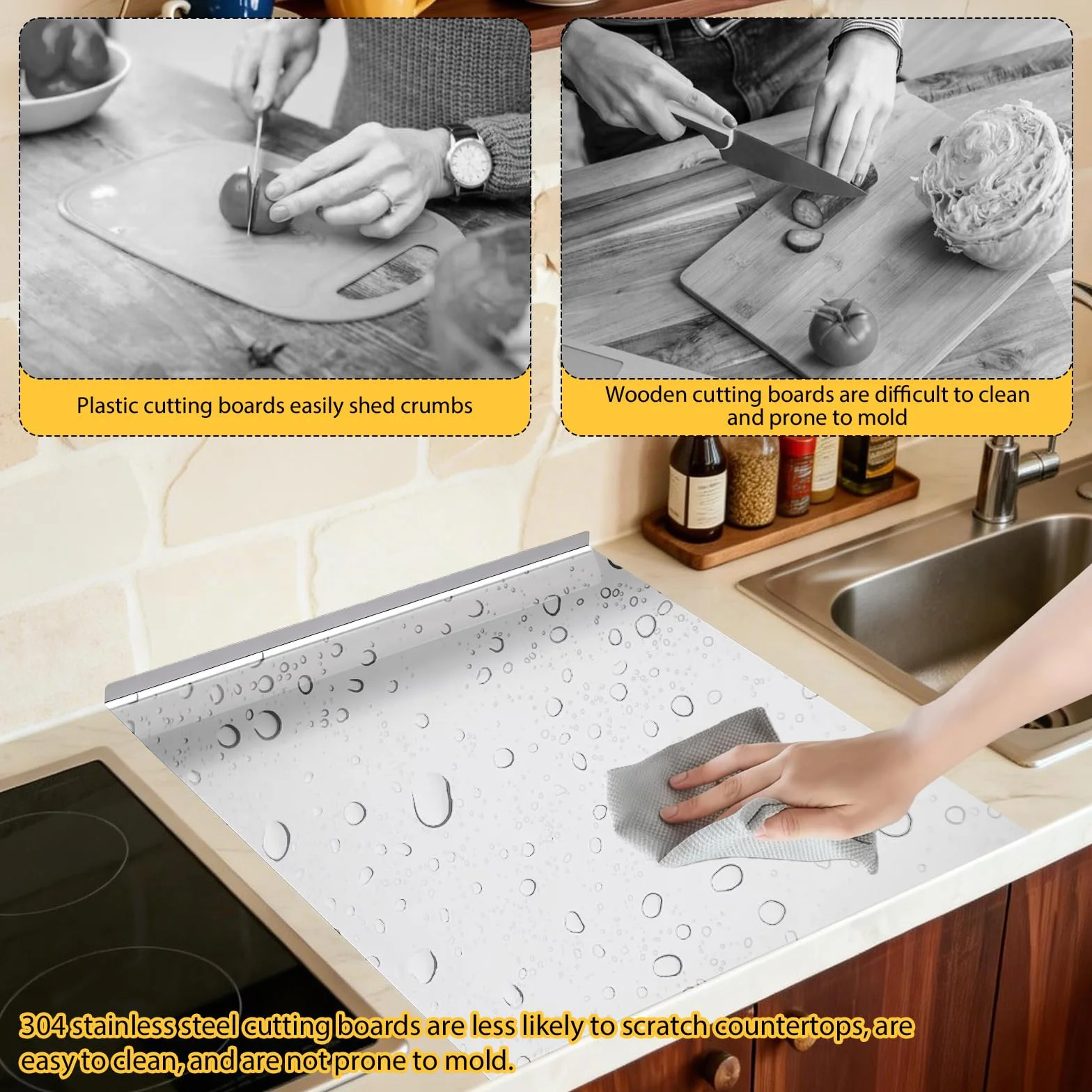 Tabla de cortar de acero inoxidable, encimera de acero inoxidable, tabla de cortar antideslizante con borde, encimera con tabla de cortar, para cocina, bar, restaurante, para amasar pizza