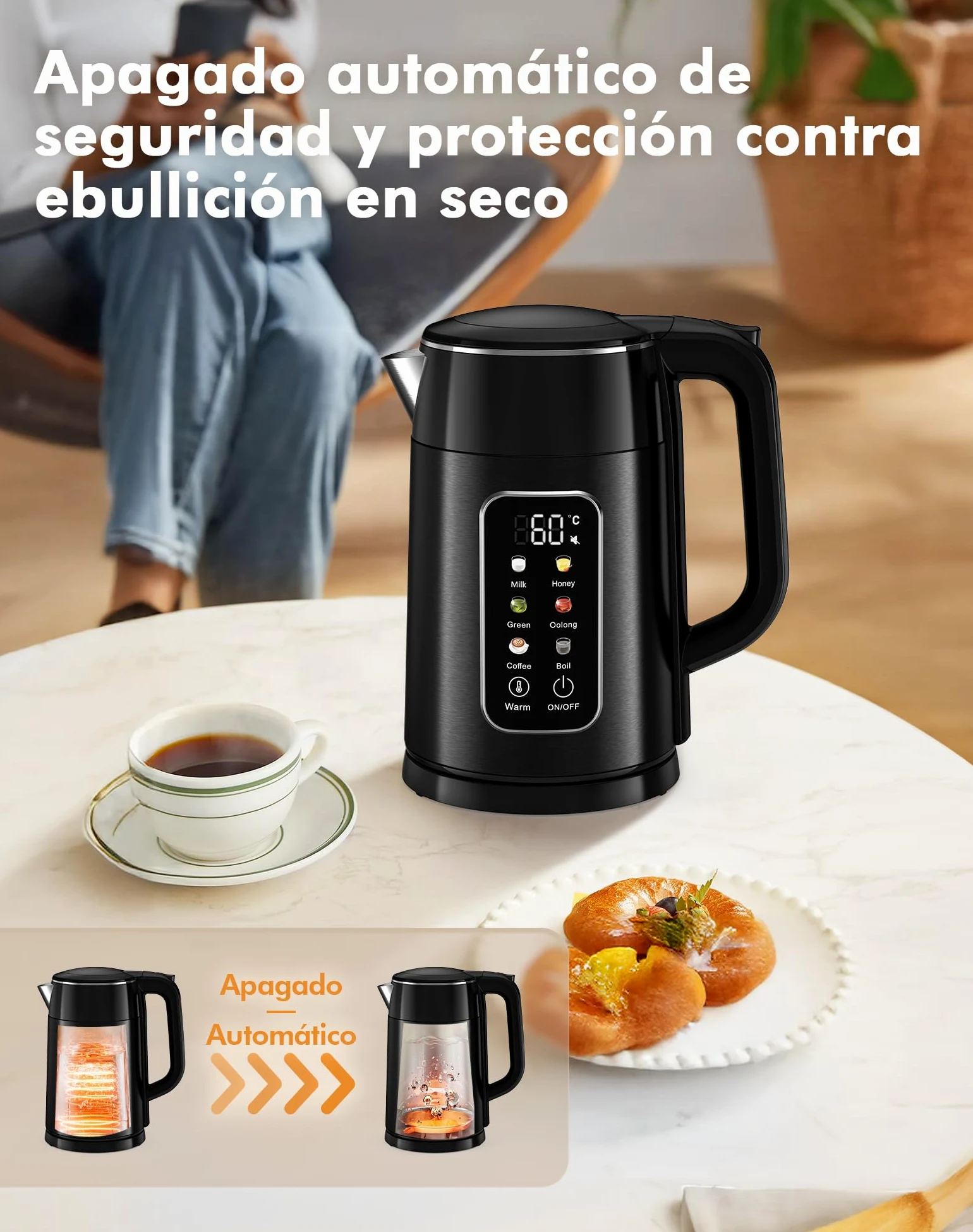 Hervidor de Agua Eléctrico 1,7L 2200W con Control de Temperatura y Pantalla LED - Acero Inoxidable 304 Libre de BPA, Doble Pared Tacto Frío, Función Mantener Calor 2H, Apagado Automático (negro)