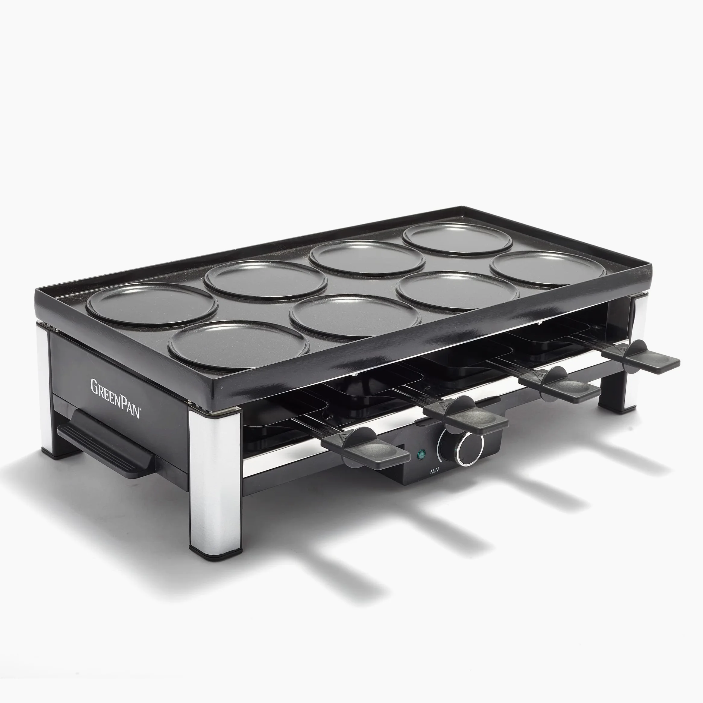 GreenPan Bistro Raclette Grill de Cerámica Antiadherente Sin PFAS, Eléctrico de Mesa para 8 Personas, Reversible 3 en 1 Parilla,Plancha y Crepes, 8 Mini-Sartenes Antiadherentes y Espátula,Lavavajillas