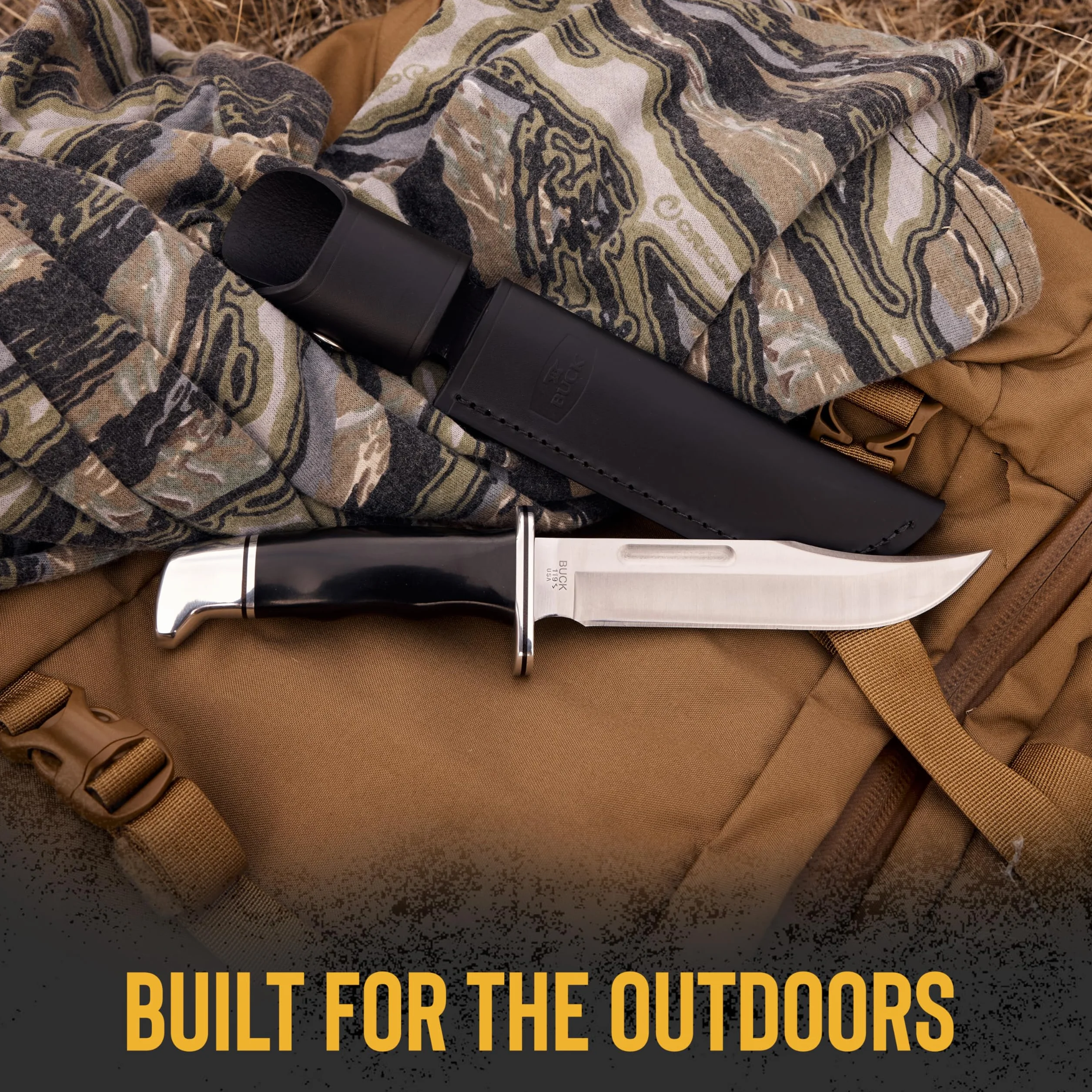 Buck BU119 Cuchillo de caza, hoja de acero, funda de cuero