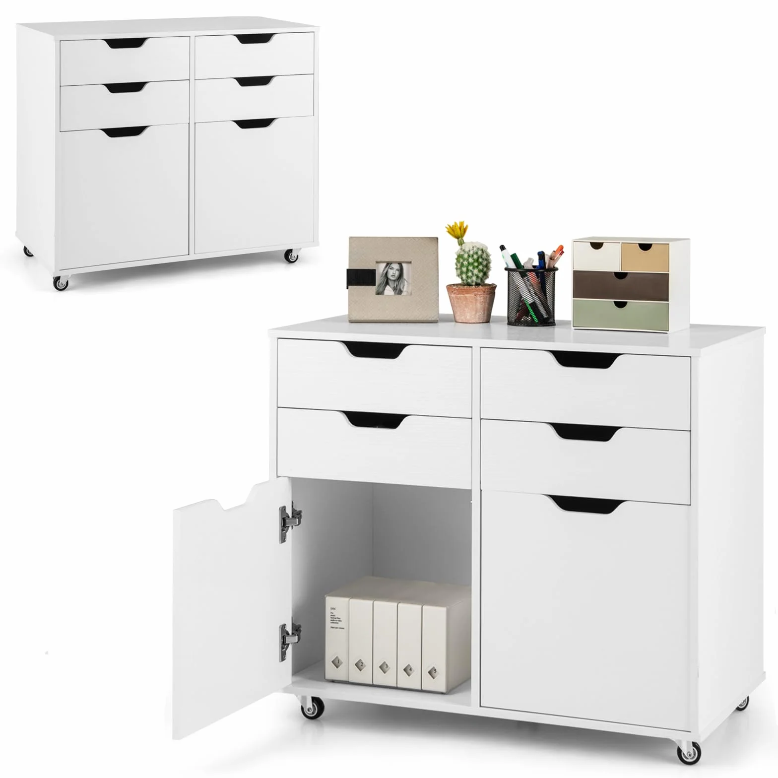 KOMFOTTEU Archivador Móvil con 5 Ruedas, Cómoda con 4 Cajones y 2 Armarios con Puertas, Soporte para Impresora de Madera, Mueble de Almacenamiento para Oficina, Salón