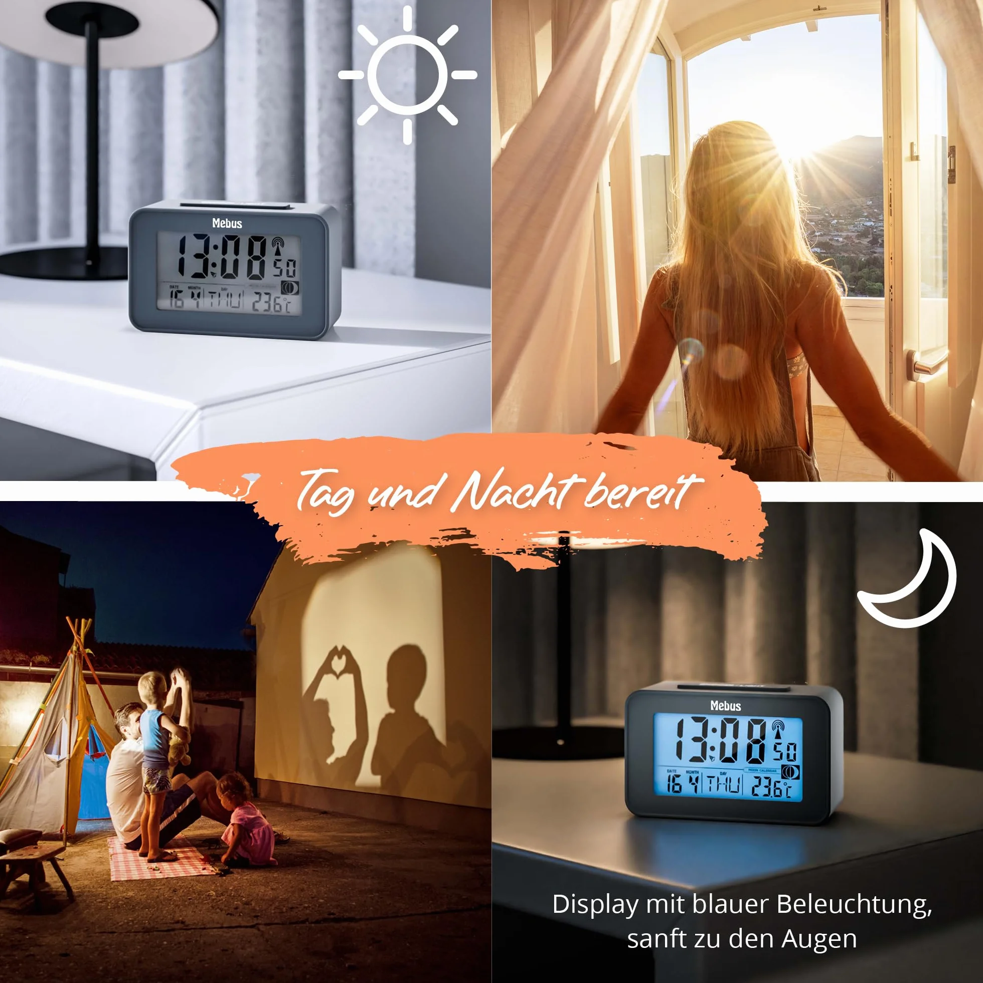 MEBUS digitaler Funk-Wecker mit Mondkalender, Beleuchtung, Innenthermometer, Schlummer-Funktion/Material: Kunststoff/Farbe: Grau/Modell: 51460