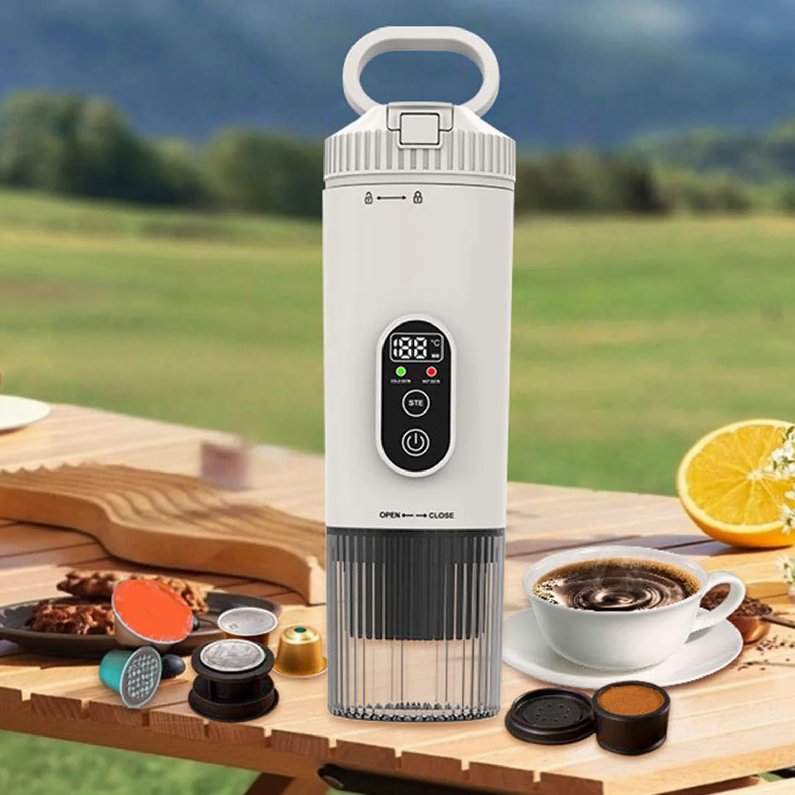 Cafetera portátil 100W 21Bar Máquina de café con cápsula calefactora inalámbrica Batería recargable de 7800mAh Capacidad de taza de 250ML para viajes en coche Camping al aire libre (Blanca)