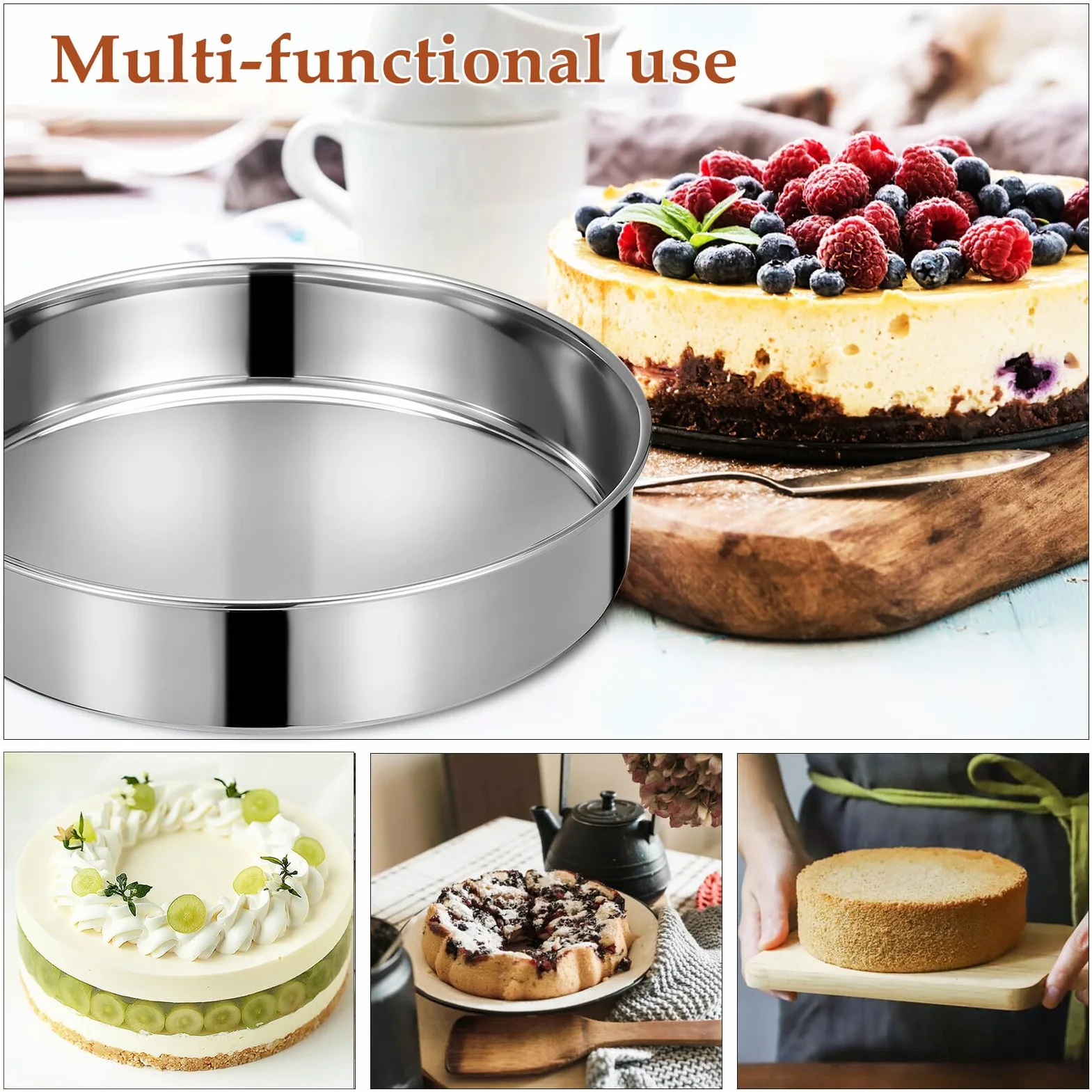 Angoily Juego de 2 Moldes Redondos para Pasteles de Acero Inoxidable 24 CM sin Borde Orejas Bandejas para Hornear y Servir Resistentes a Altas Temperaturas Aptos para Cocina al Vapor