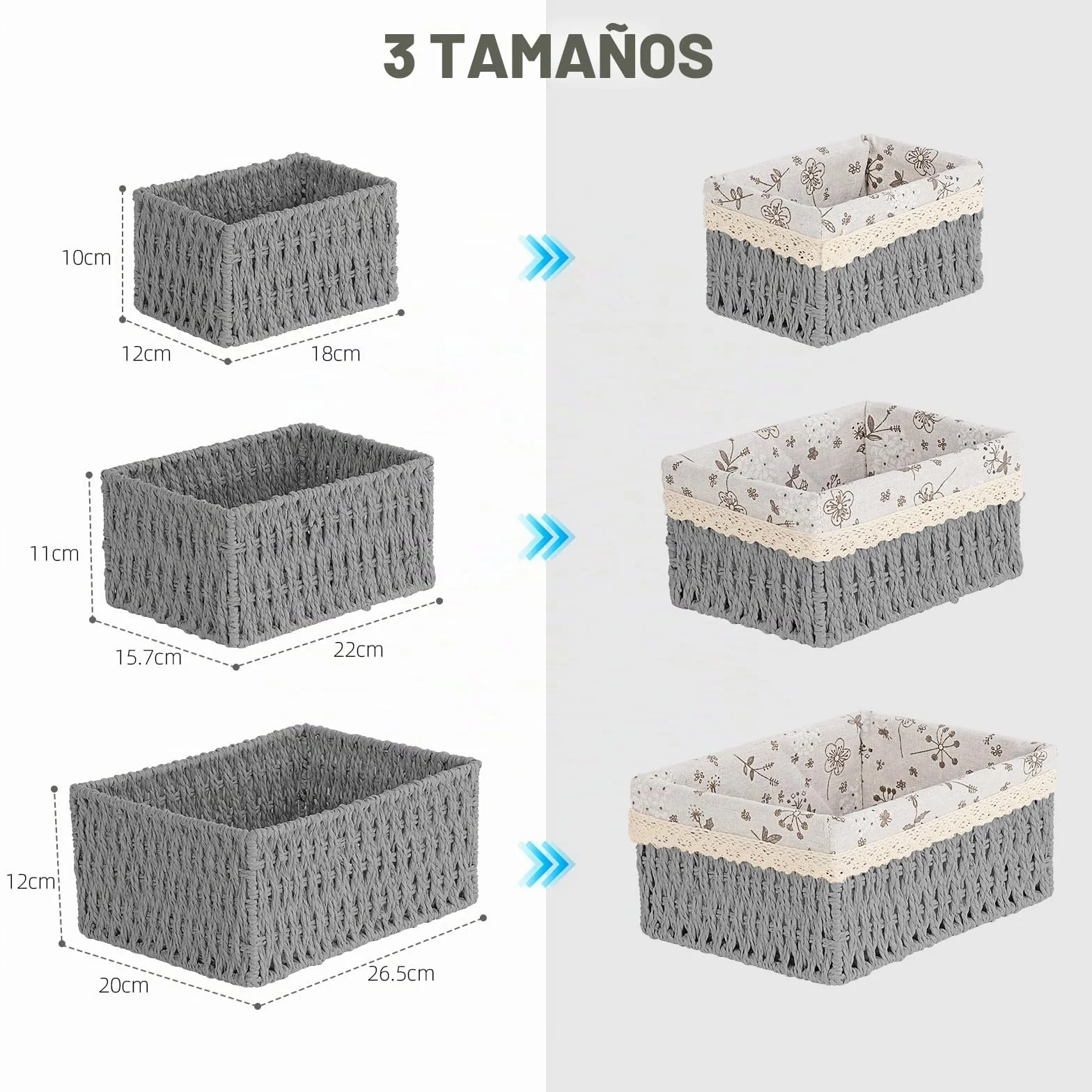 Cestas Almacenaje Juego de 3 Mimbre Trenzado Tejido Reciclable para Baño Cocina Hogar (Gris)