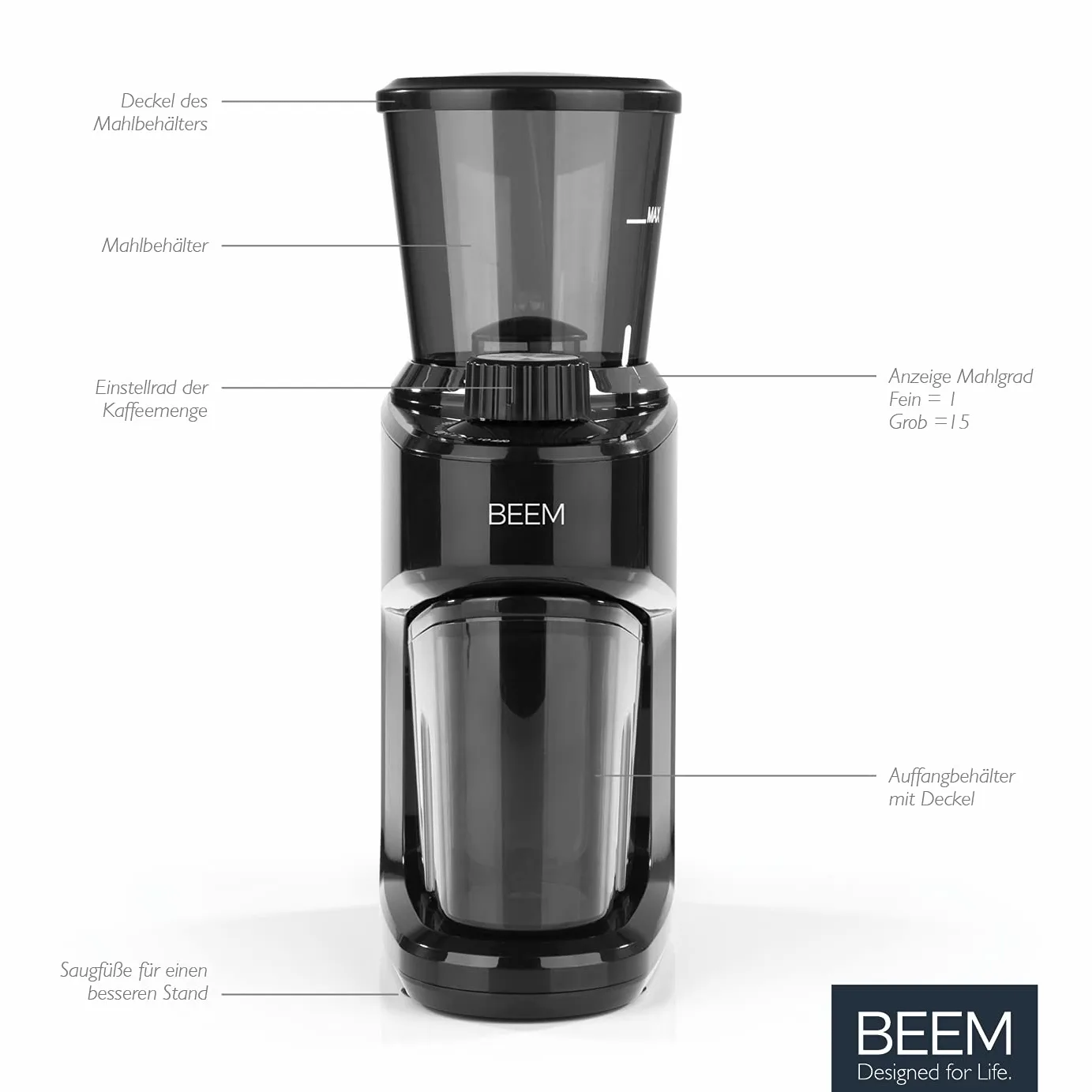 BEEM 3980 Grind-Intense Molinillo de café eléctrico, 160 g, mecanismo cónico de acero inoxidable, ajuste de grado de molienda de 15 niveles, recipiente de granos extraíble, 150 W