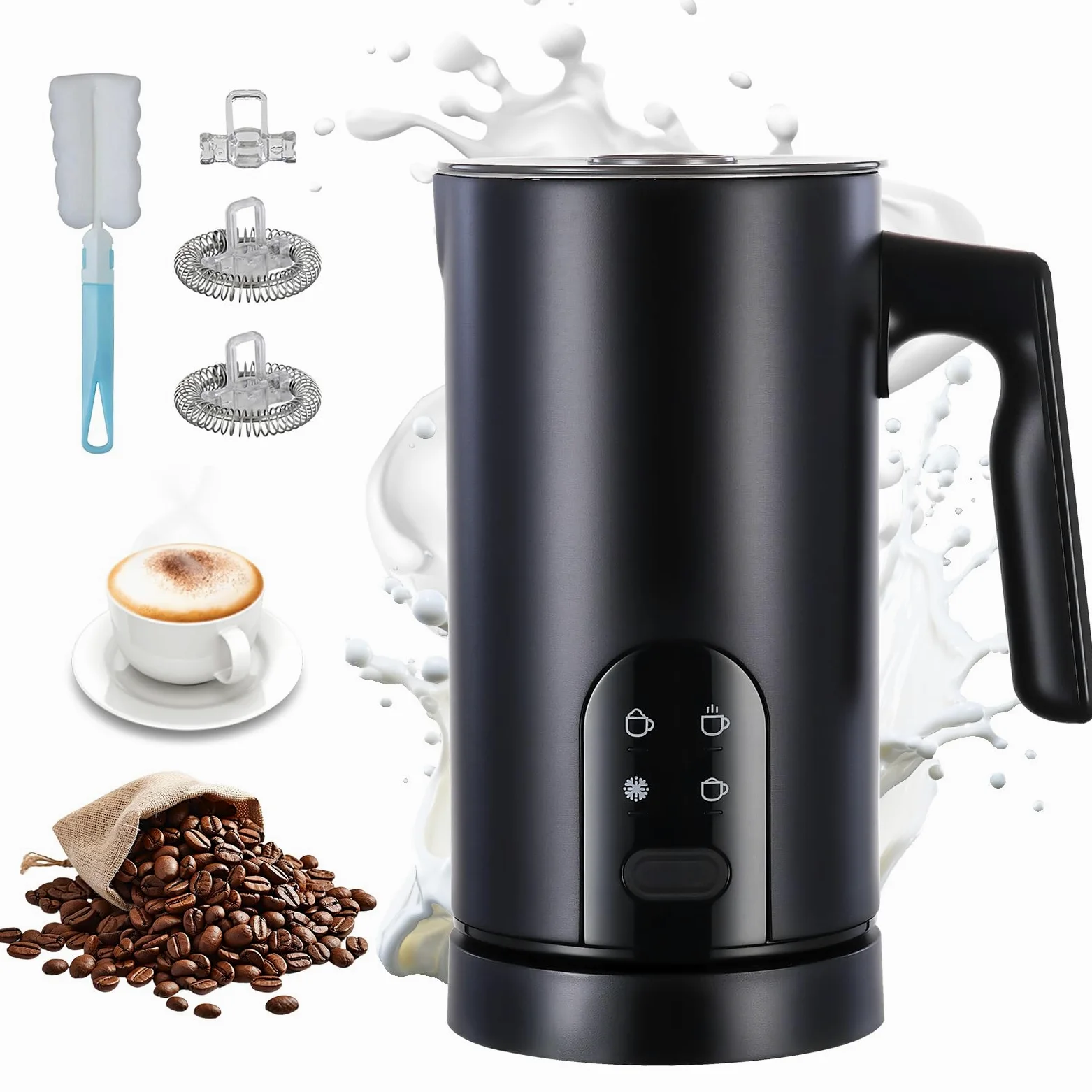 Espumador De Leche Eléctrico Con 4 Funciones: Espumador Automático Para Leche Caliente Y Fría, Apagado Automático, Acero Inoxidable, Ideal Para Matcha (Negro)