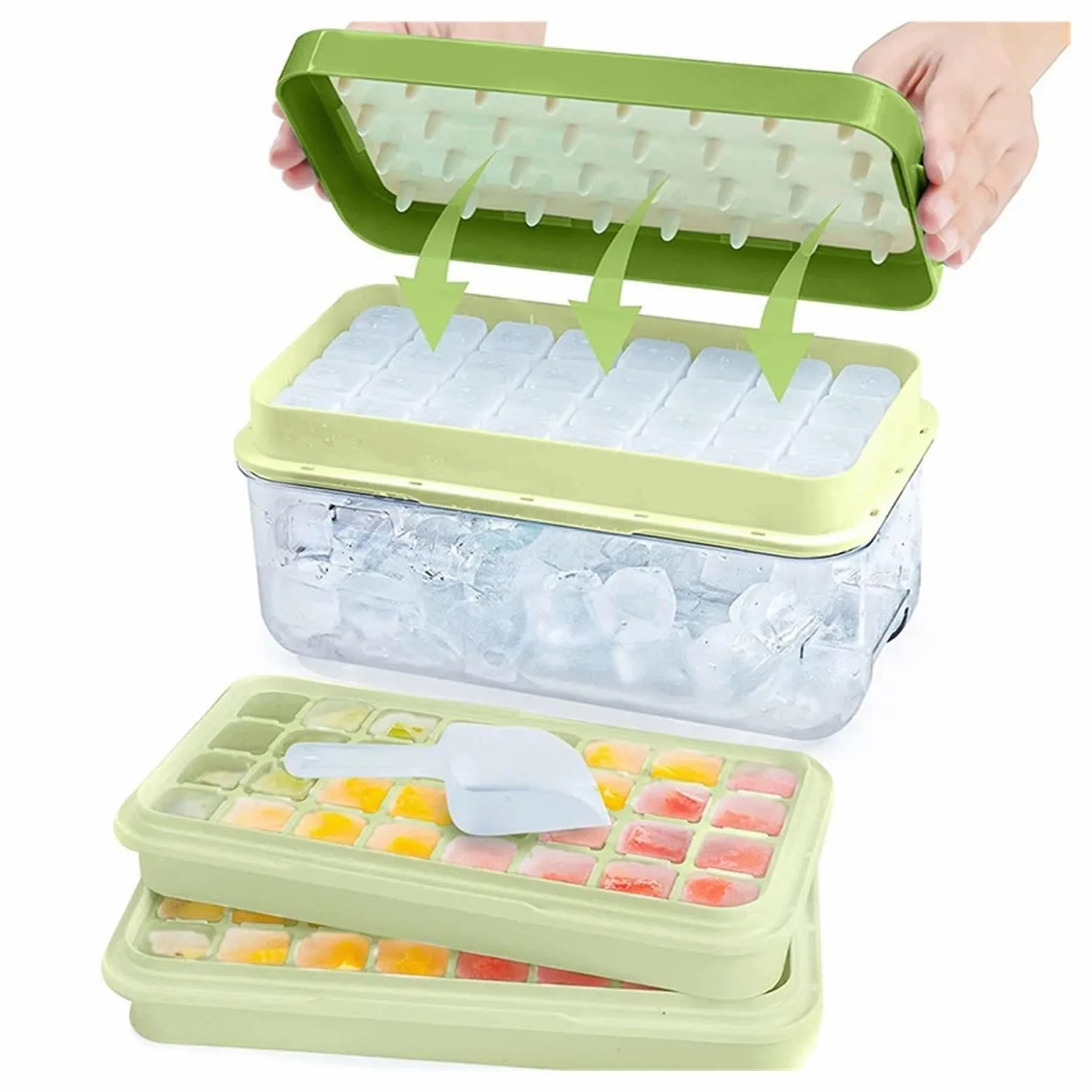 Molde Hielo Bandeja de cubitos hielo con 2 bandejas apilables, moldes silicona compartimento for congelador, 64 nuggets