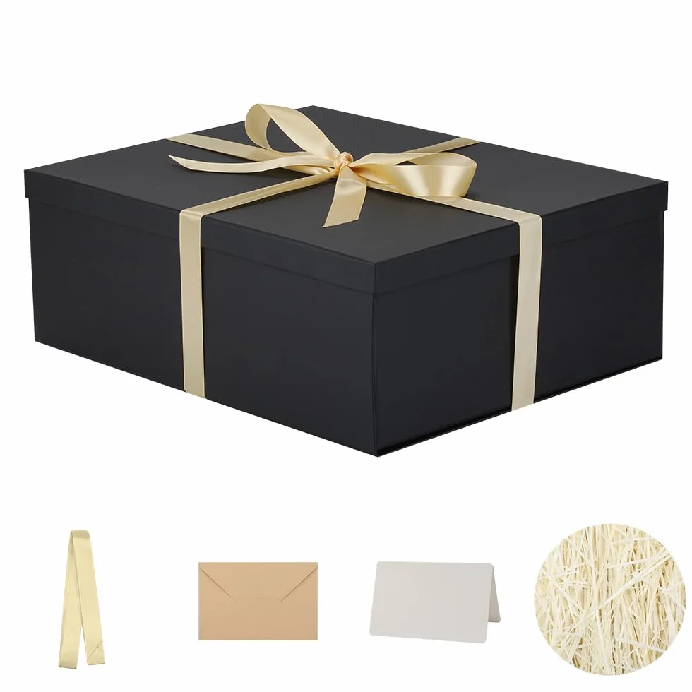 Caja de regalo grande Negro con tapa 42 x 32 x 15,5 cm, Cajas de Regalo Premium con Tapa y Cinta para Regalos de San Valentín, Navidad Incluye Papel seda triturado Tarjetas sobre