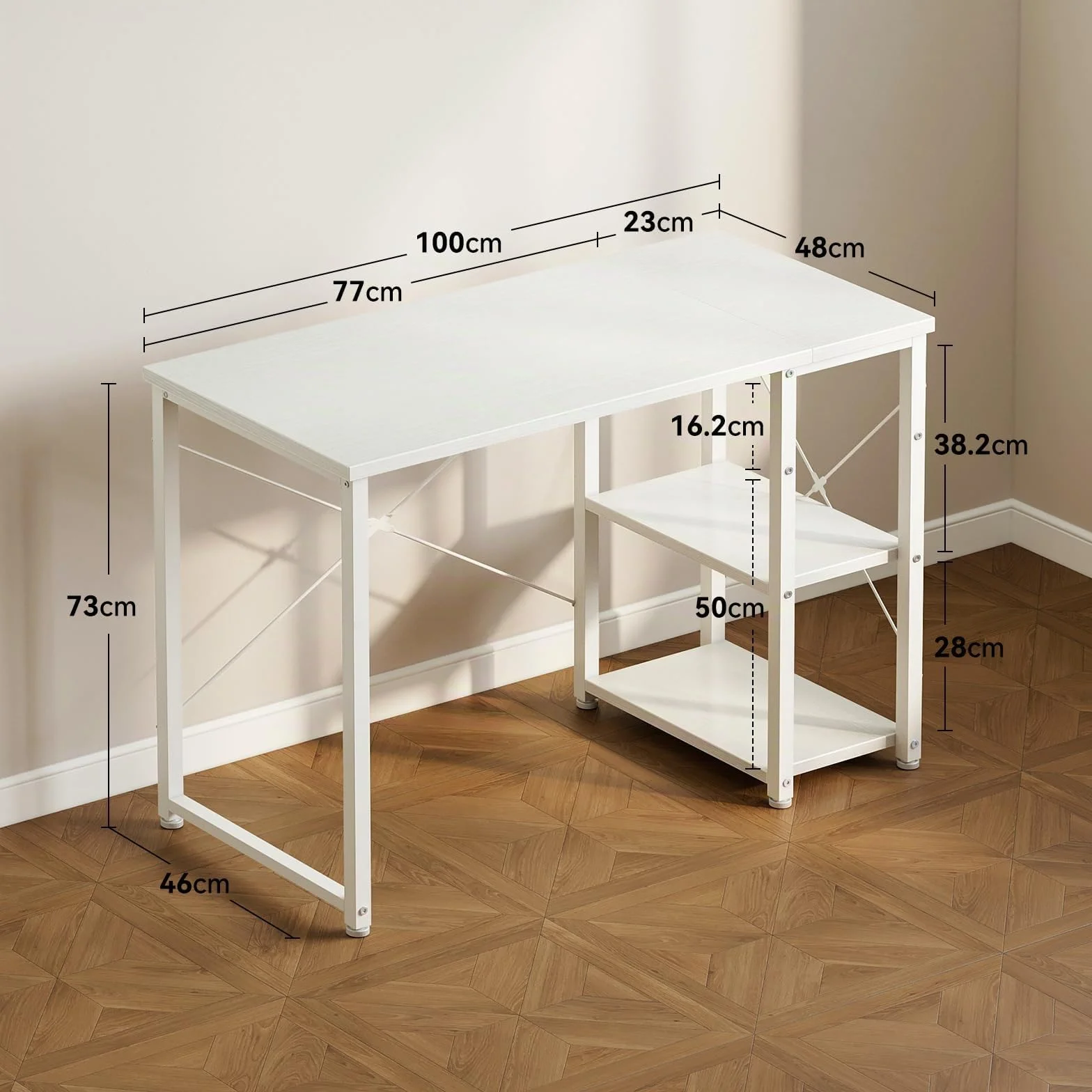 ODK Escritorio con Estantería Reversible, 100x48cm Mesa Escritorio con Estantes de Almacenamiento, Mesa Oficina Mesa Ordenador para en Casa, Estudio y Gaming, Blanco