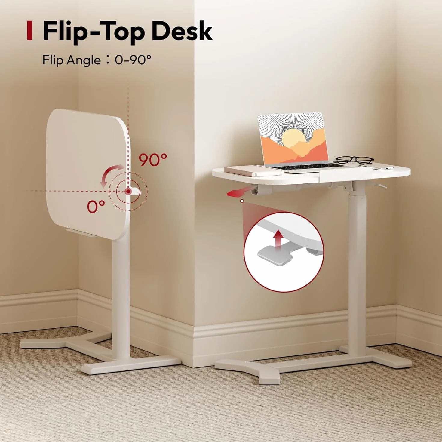 SANODESK Mesa Auxiliar con Ruedas para Ordenador, Altura Ajustable, con Soporte para Bebidas, para Cama y Sofá, Móvil y Multifuncional, Color Blanco
