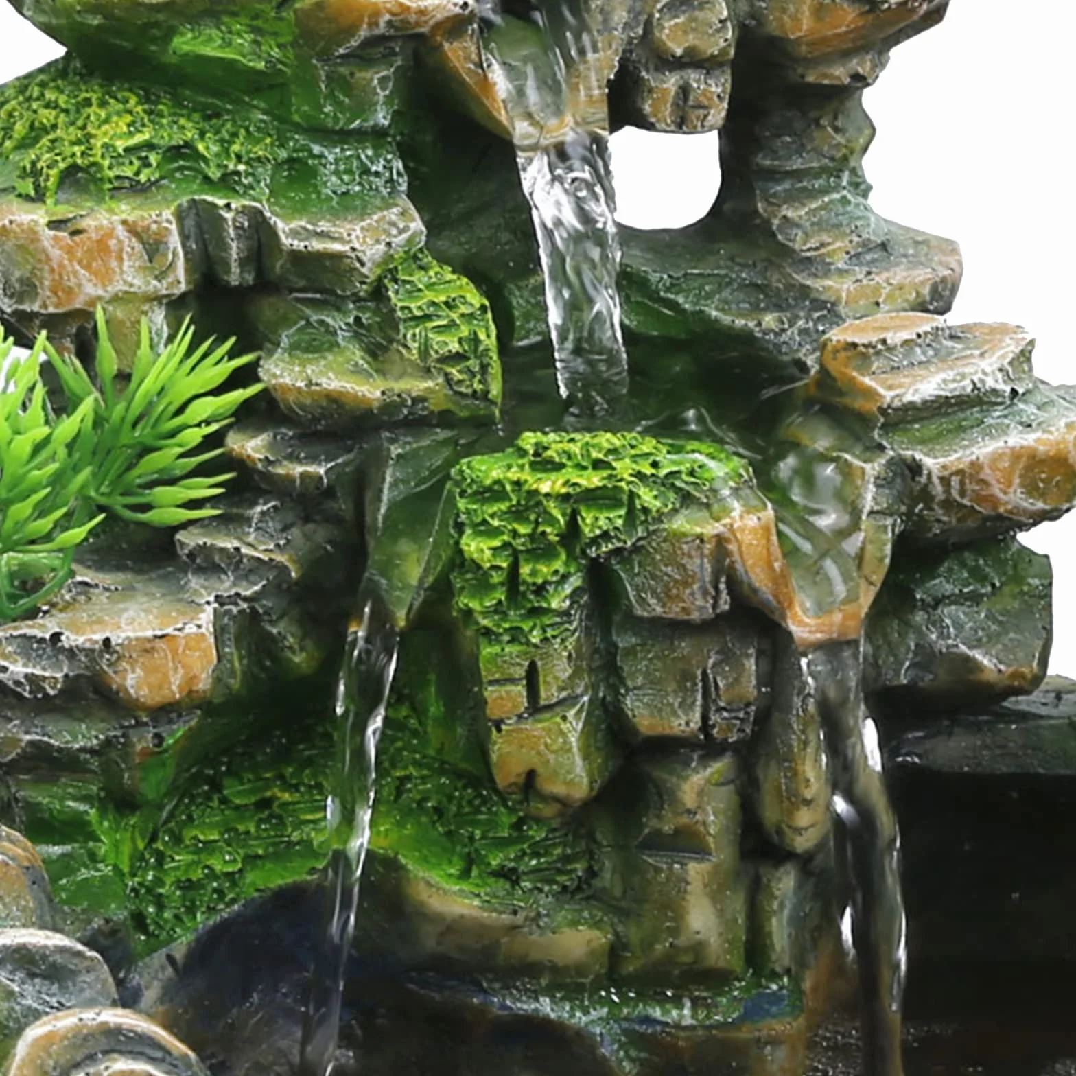 Fuente de interior con iluminación LED, fuente de planta verde, fuente de jardín, fuente decorativa, fuente de mesa, cascada con niebla, 28 x 15 x 20 cm