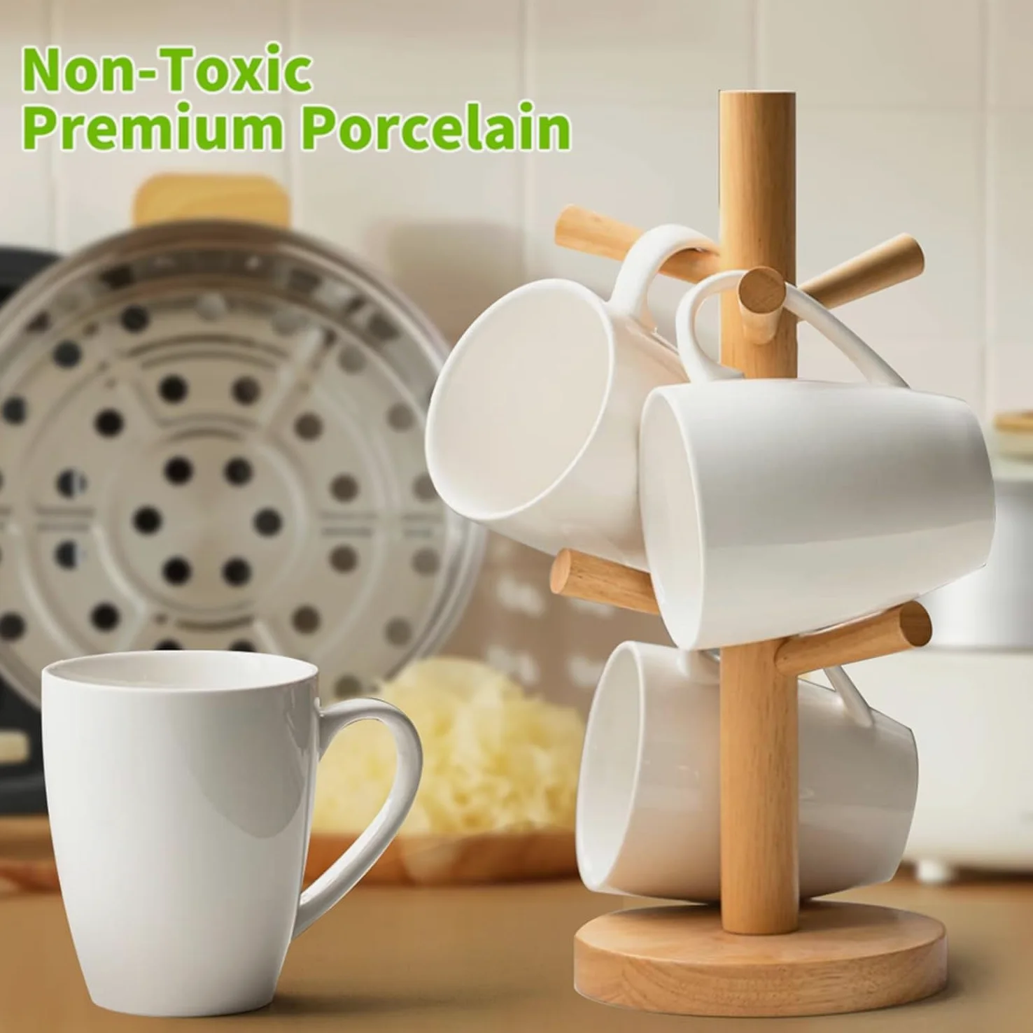 Juego de 6 tazas de café de porcelana de 13 onzas con asa, tazas de té de cerámica para café con leche, té caliente, capuchino, moca, cacao, juego de regalo de tazas de colores surtidos, aptas para