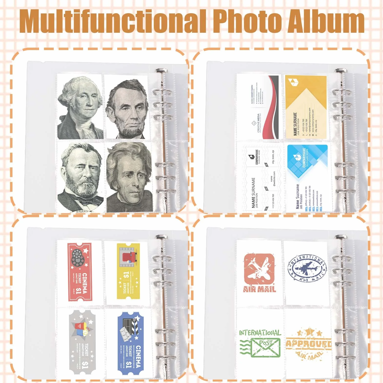 Álbum de Fotos A5 Binder Kpop mini Photocards 4" Archivadores con Anillas Carpeta de 6 Agujeros + 30 Hojas de 4 Compartimentos para Fotos Tarjetas, Sellos con Pegatinas Adhesivos Alfanuméricos